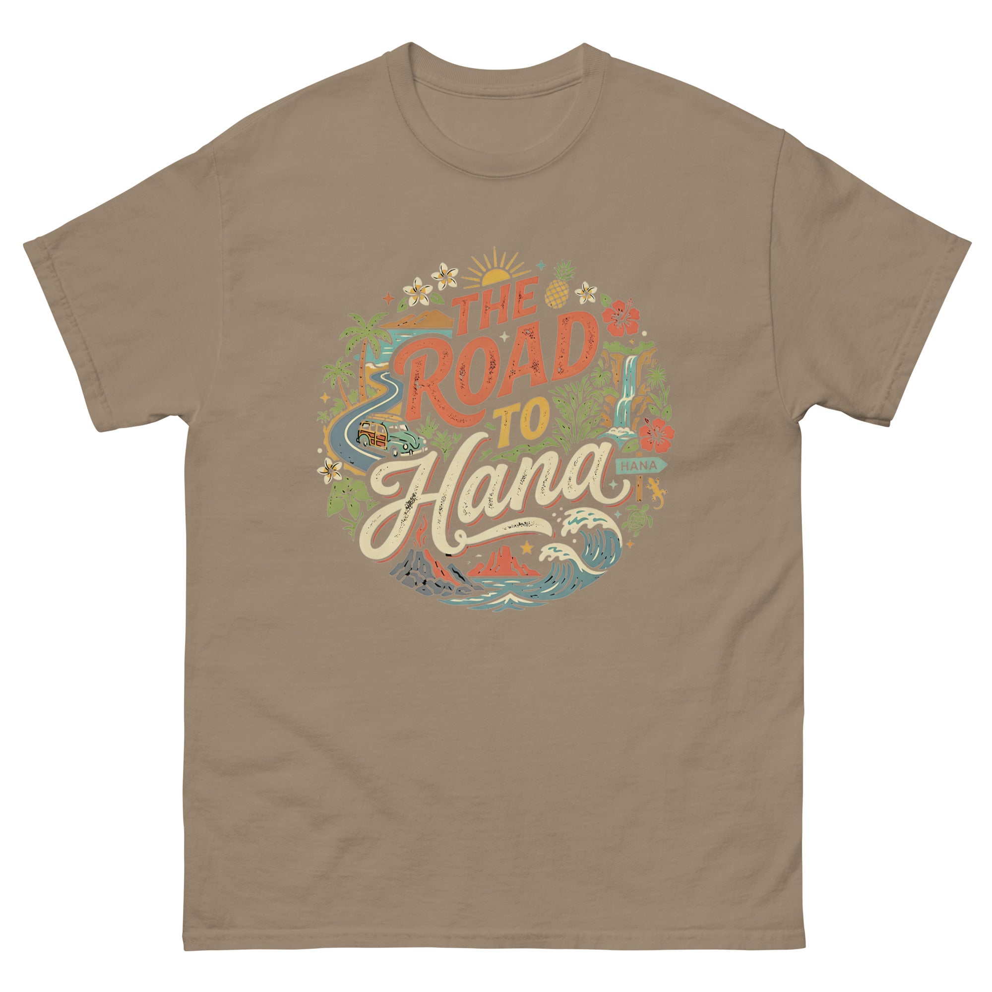 The Road to Hana Hawaiian t-shirt design on a Brown Savana unisex tee