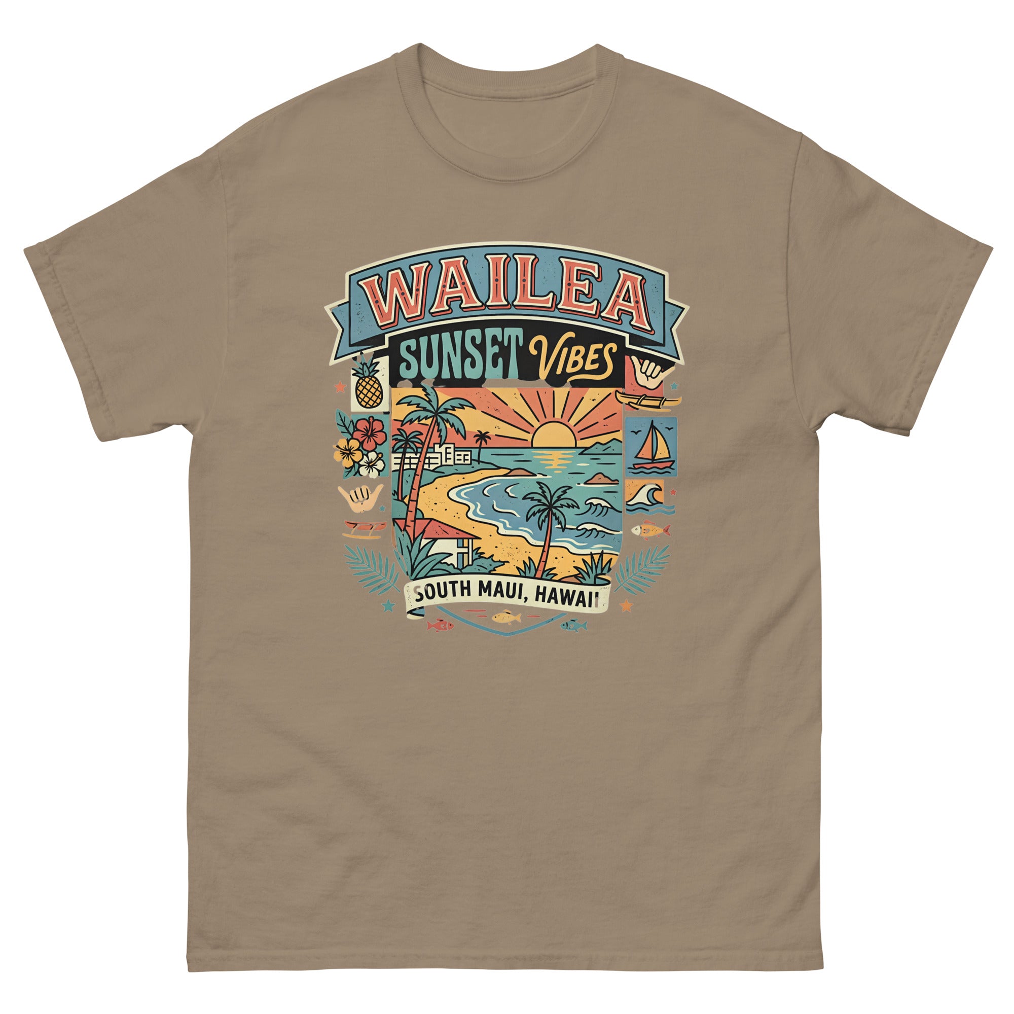 Wailea Maui Aloha Beach Hawaiian t-shirt design on a Brown Savana unisex tee