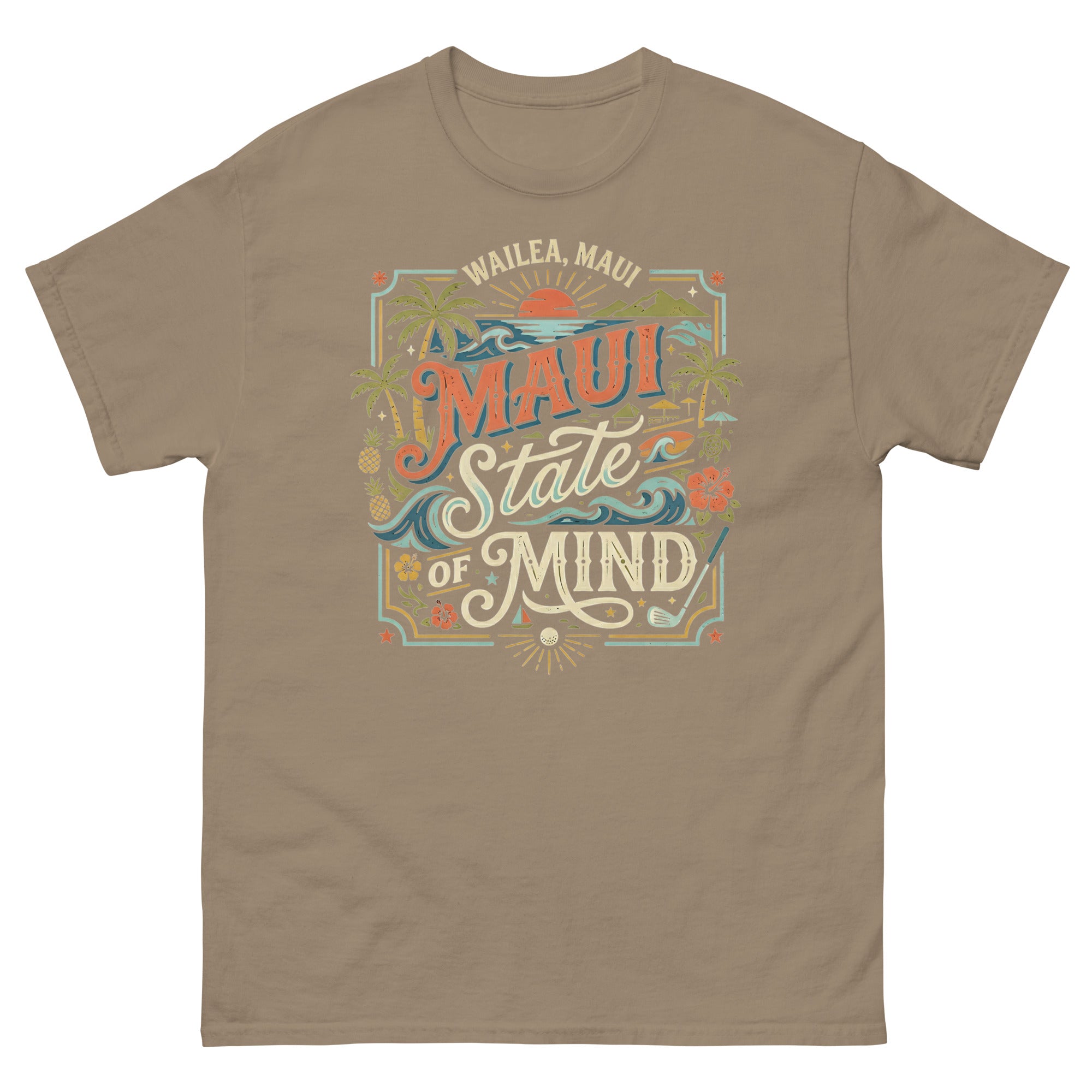 Wailea Maui State of Mind Hawaiian t-shirt design on a Brown Savana unisex tee