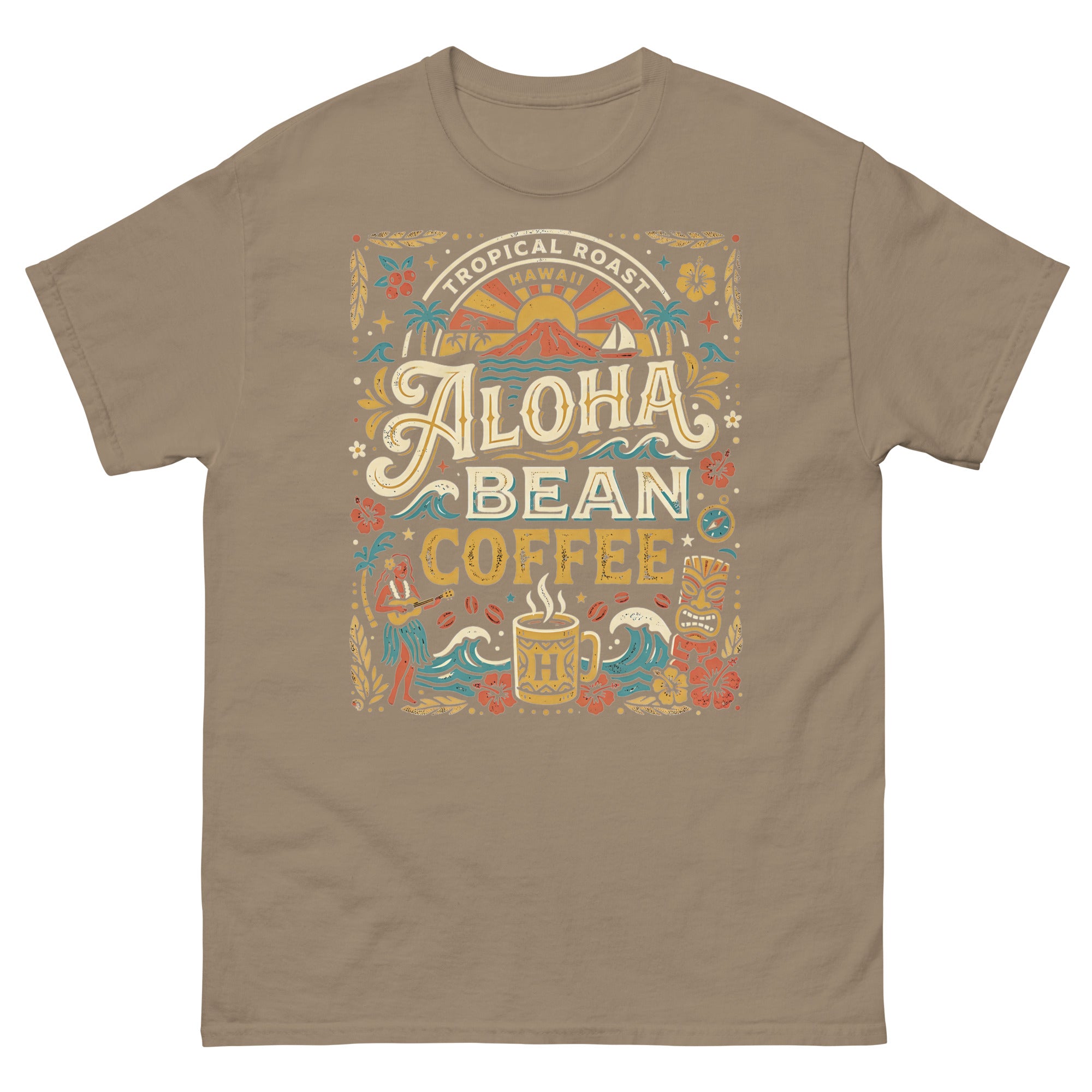 Tropical Roast Aloha Bean Coffee Hawaiian t-shirt design on a Brown Savana unisex tee