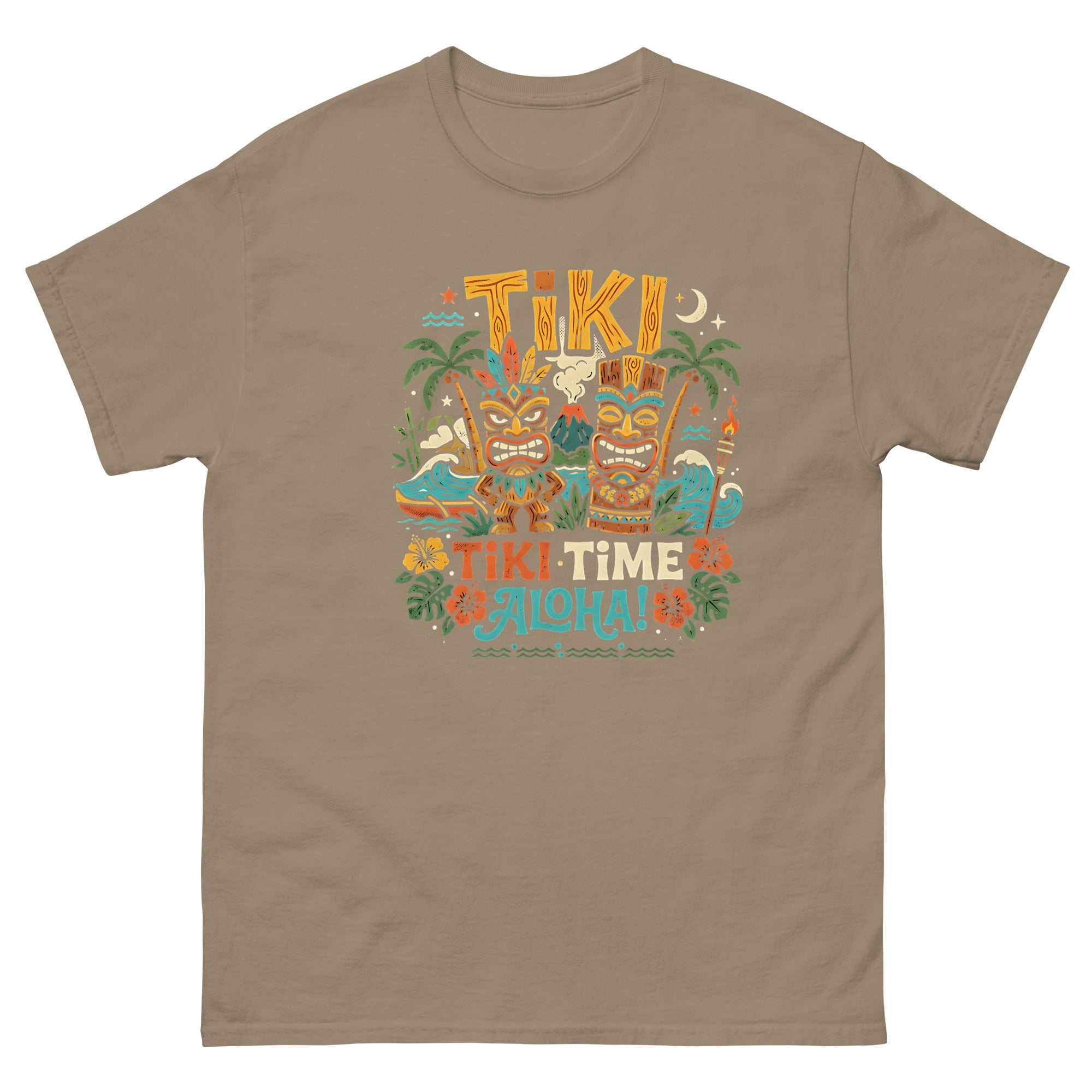 Tropical Tiki Nights v2 Hawaiian t-shirt design on a Brown Savana unisex tee