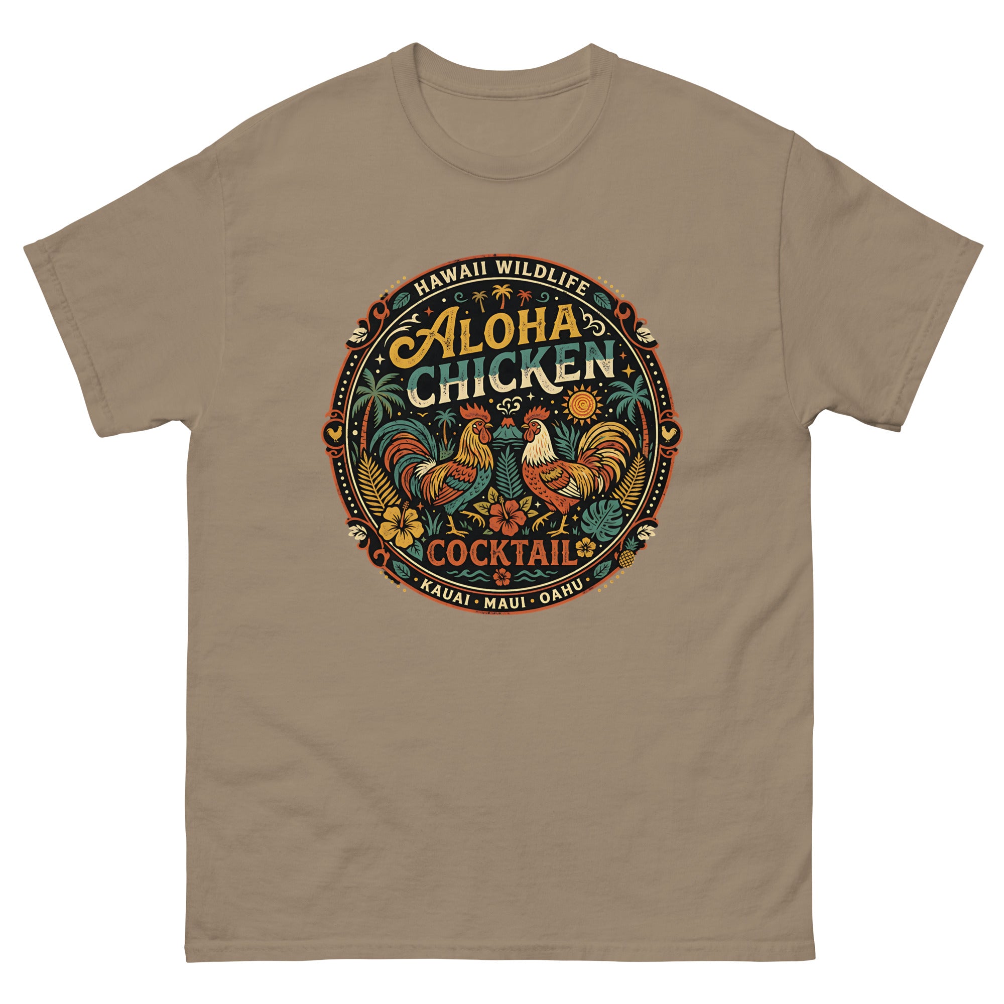 Aloha Chicken Kauai Hawaiian t-shirt design on a Brown Savana unisex tee