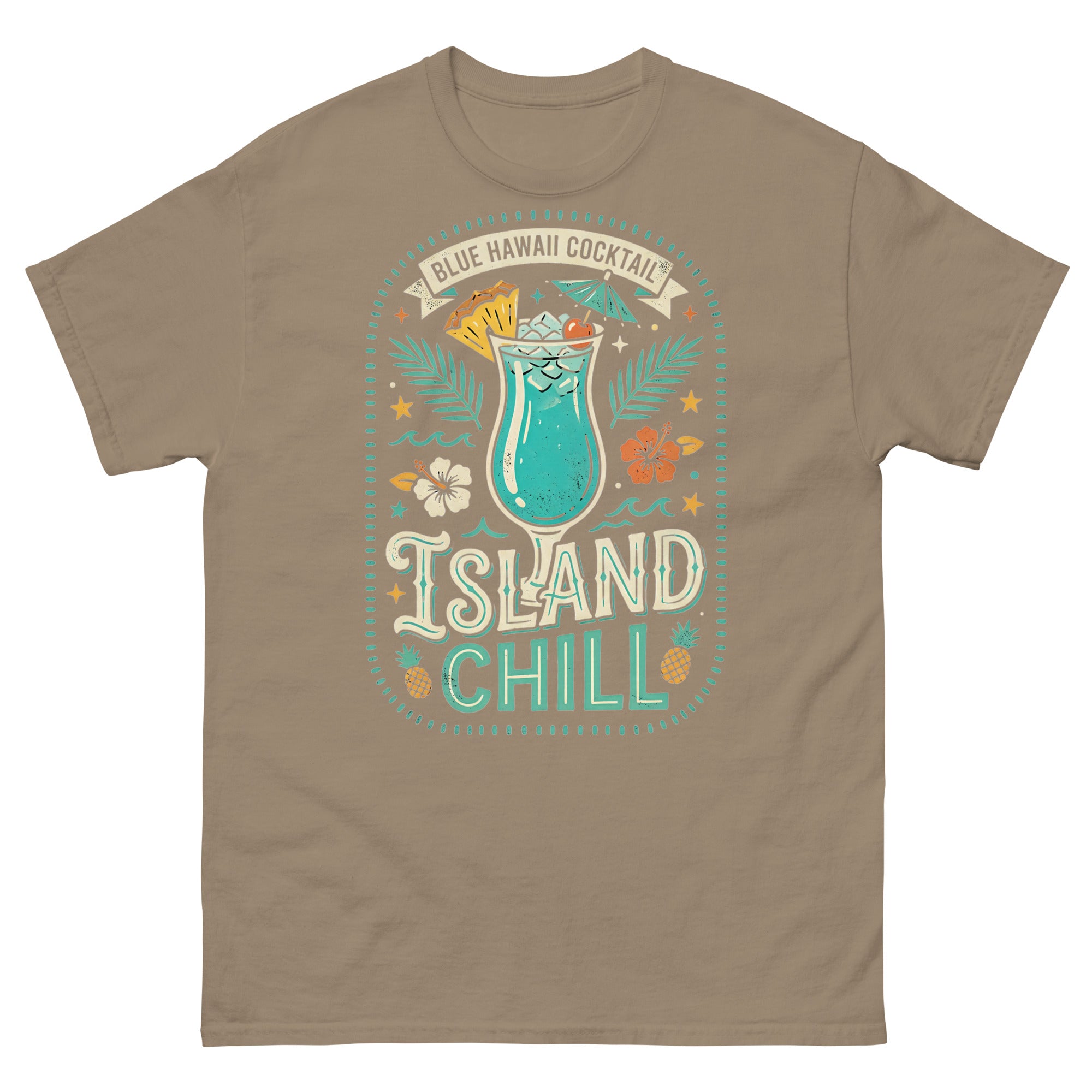 Blue Hawaii Island Paradise Hawaiian t-shirt design on a Brown Savana unisex tee