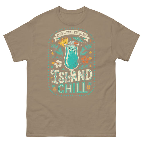Blue Hawaii Island Paradise Hawaiian t-shirt design on a Brown Savana unisex tee