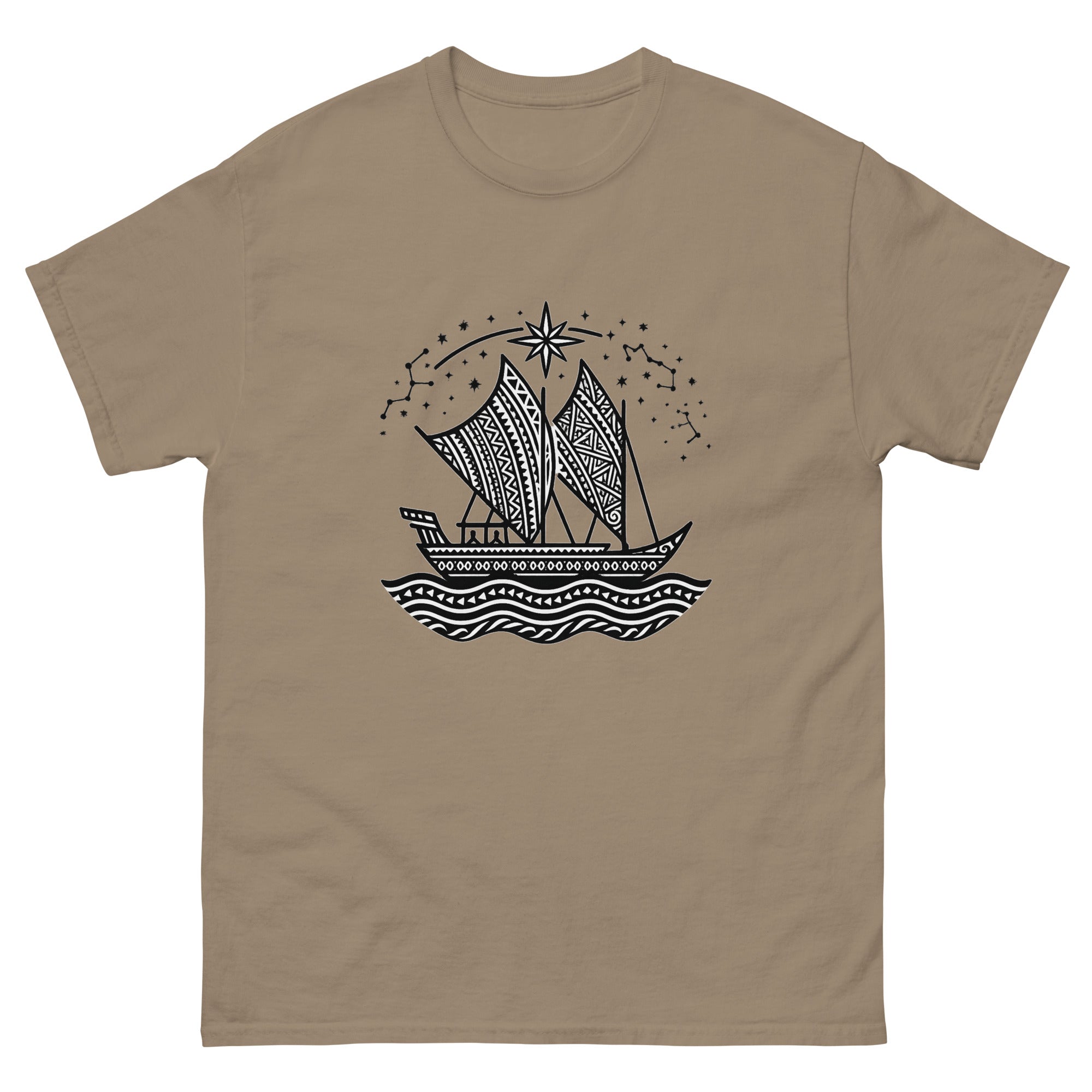Waa Kaulua Wayfinder Hawaiian Canoe T-Shirt Hawaiian t-shirt design on a Brown Savana unisex tee