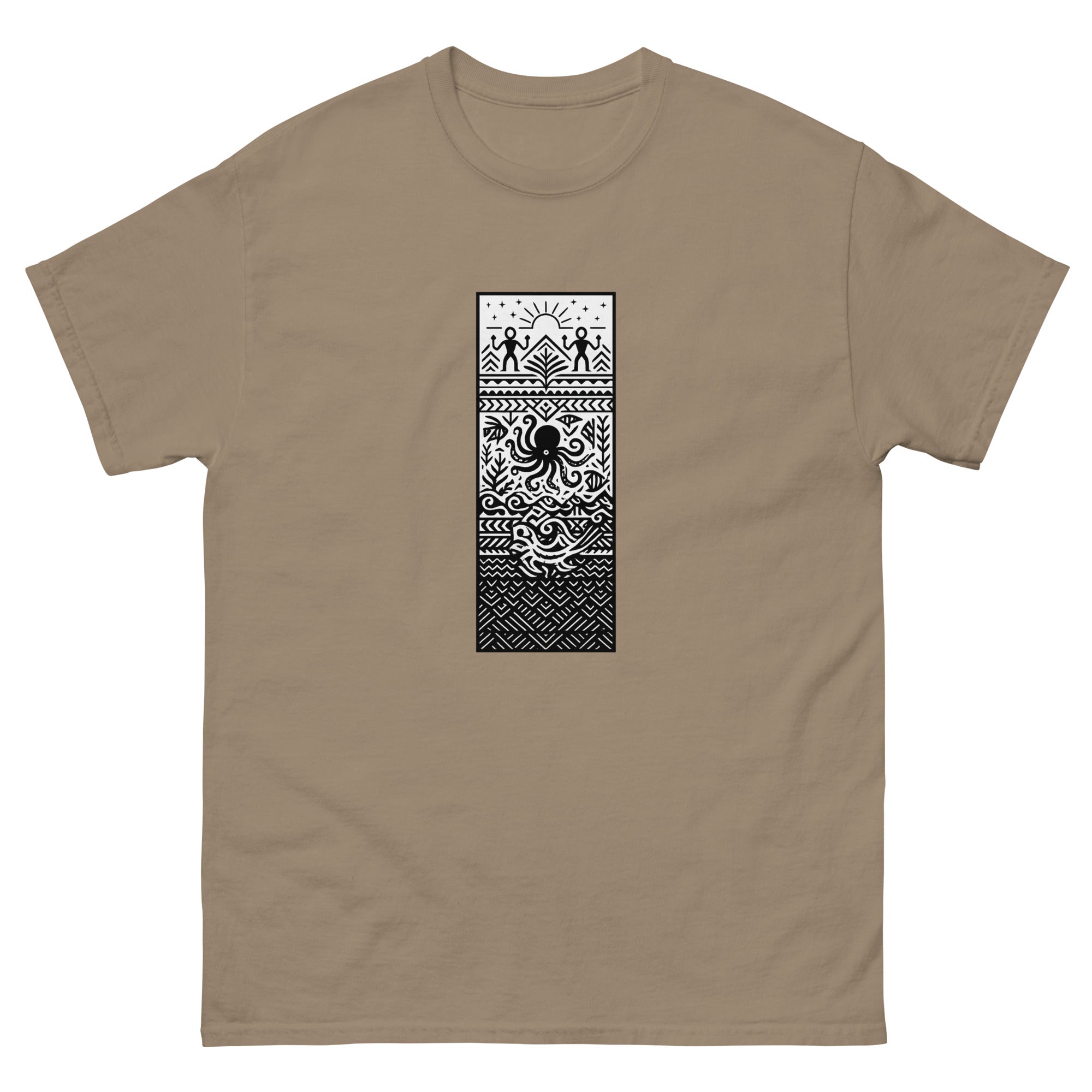 Kumulipo Panel Hawaiian t-shirt design on a Brown Savana unisex tee