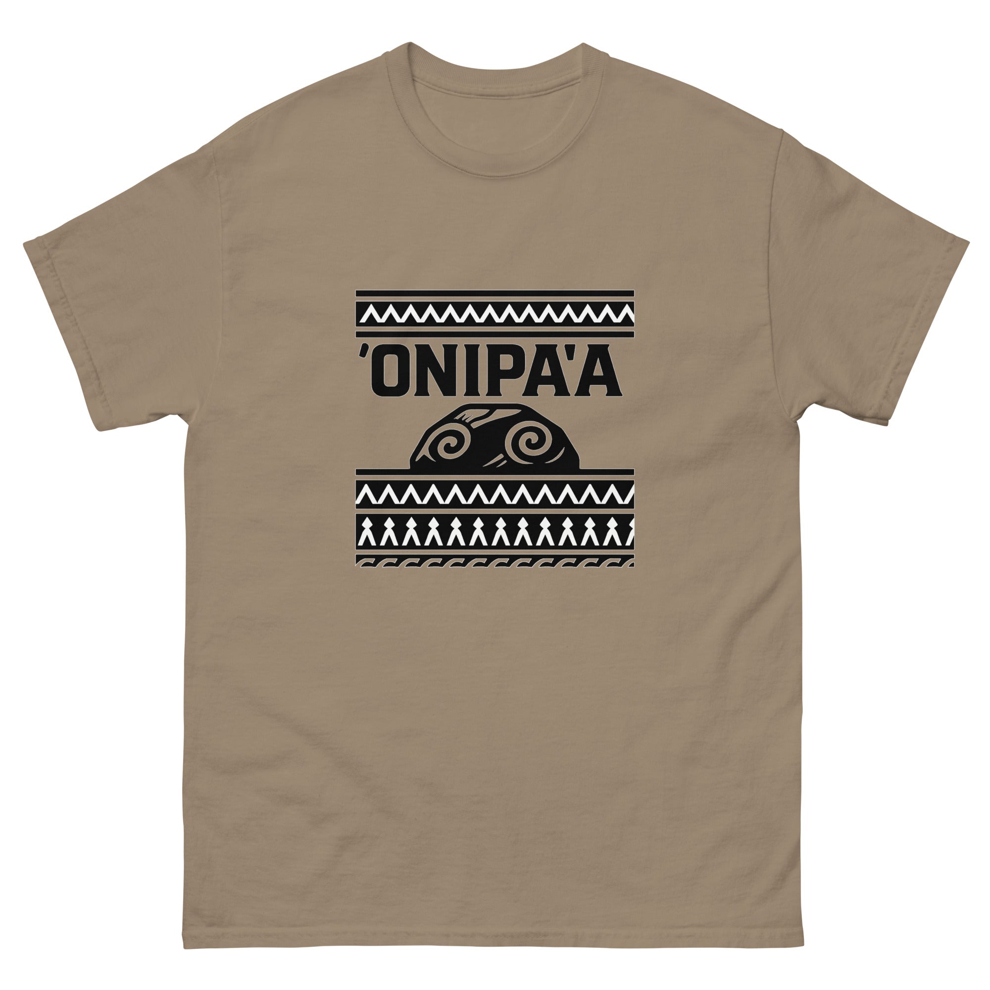Onipaa Hawaiian t-shirt design on a Brown Savana unisex tee