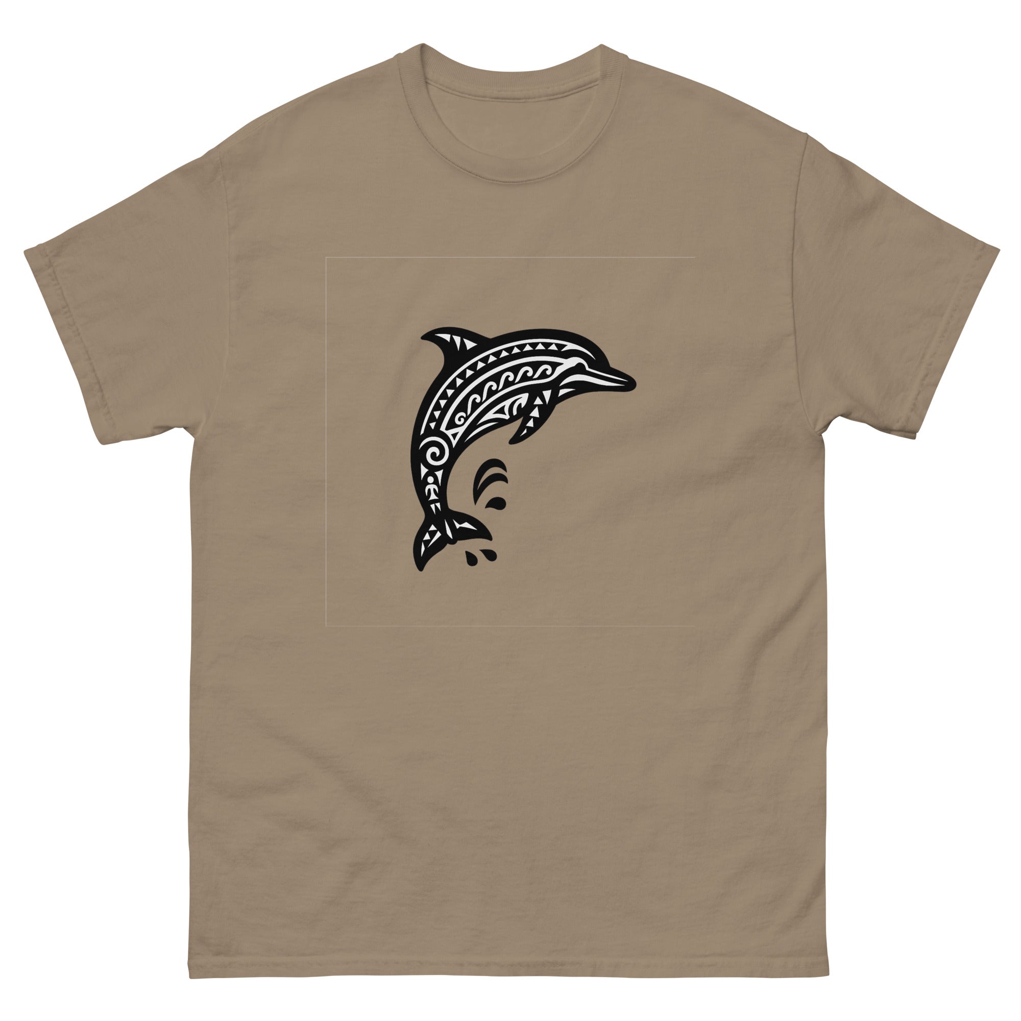 Naia Dolphin Hawaiian t-shirt design on a Brown Savana unisex tee