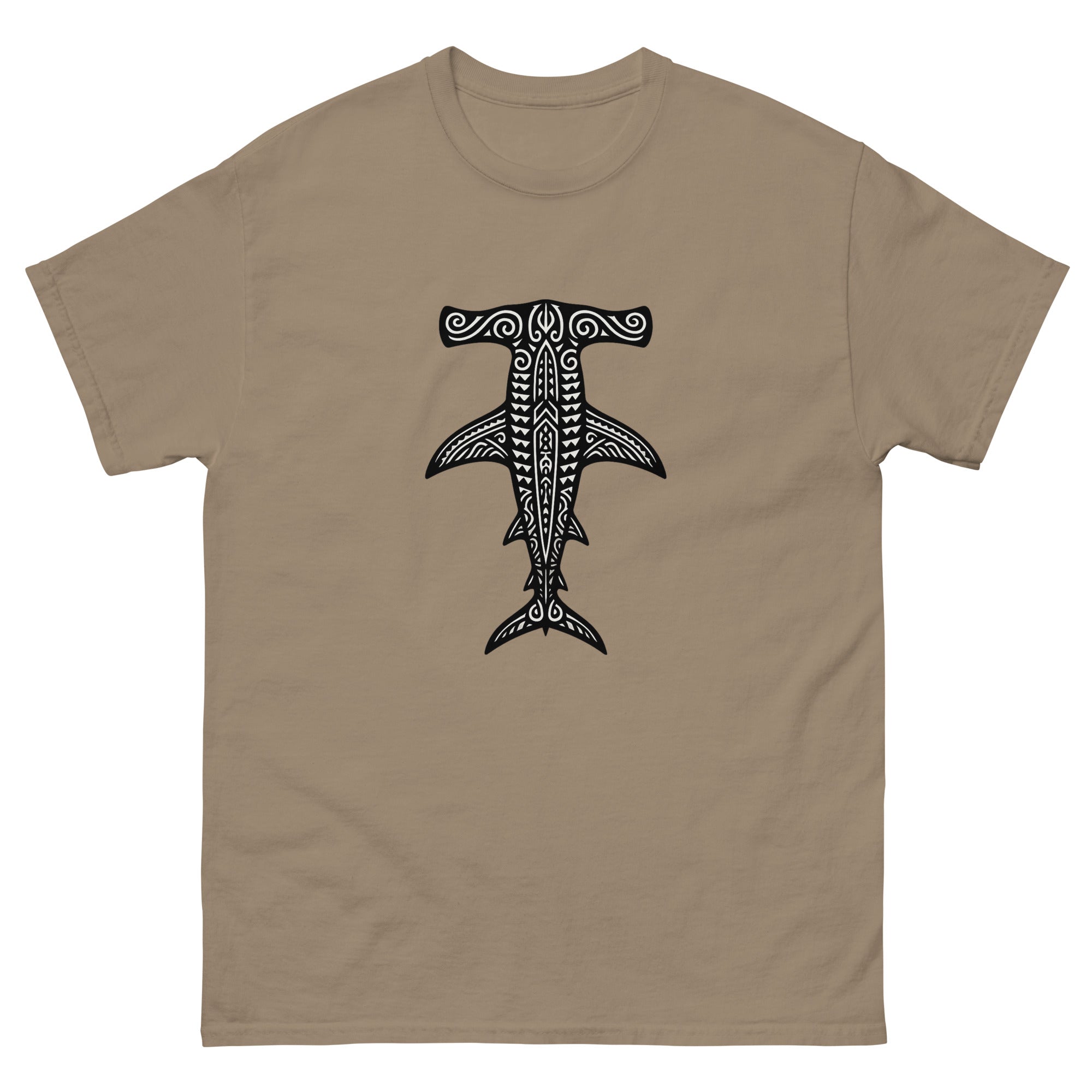 Mano Kihikihi Hammerhead Hawaiian t-shirt design on a Brown Savana unisex tee