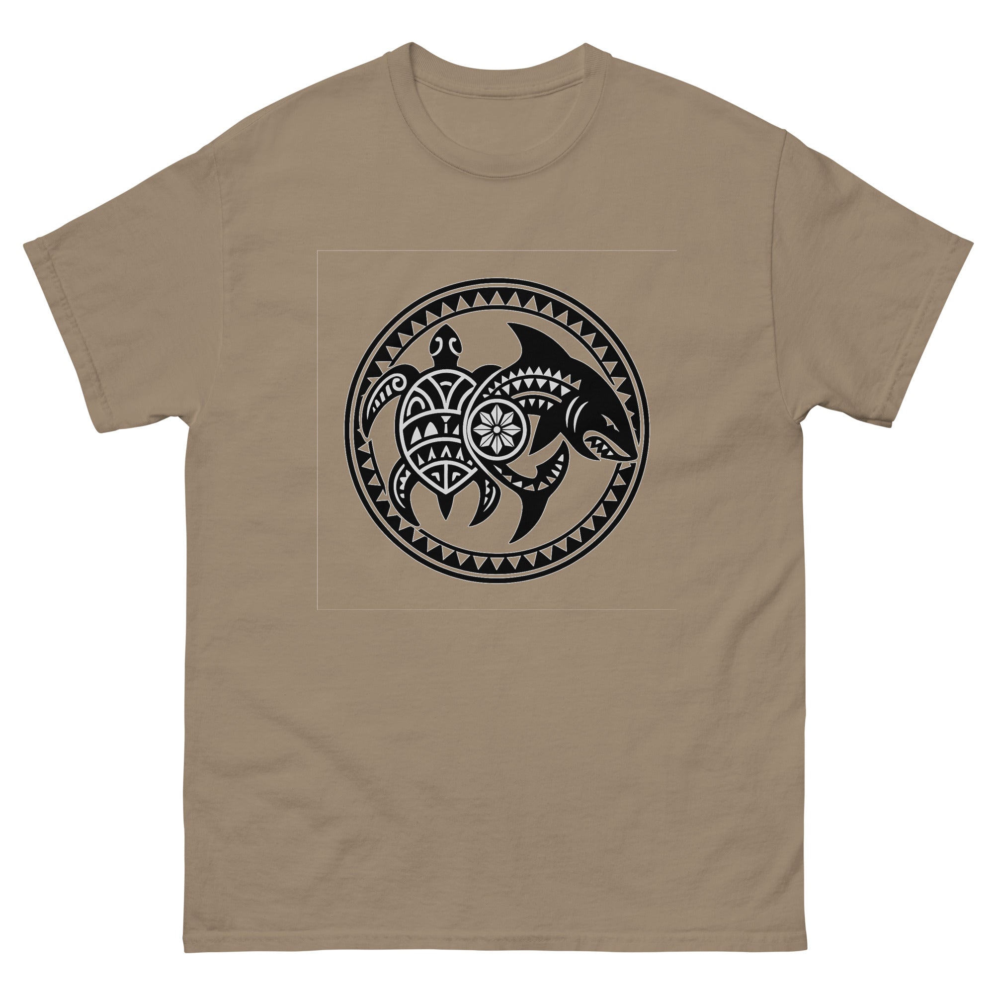 Honu Mano Twin Hawaiian t-shirt design on a Brown Savana unisex tee