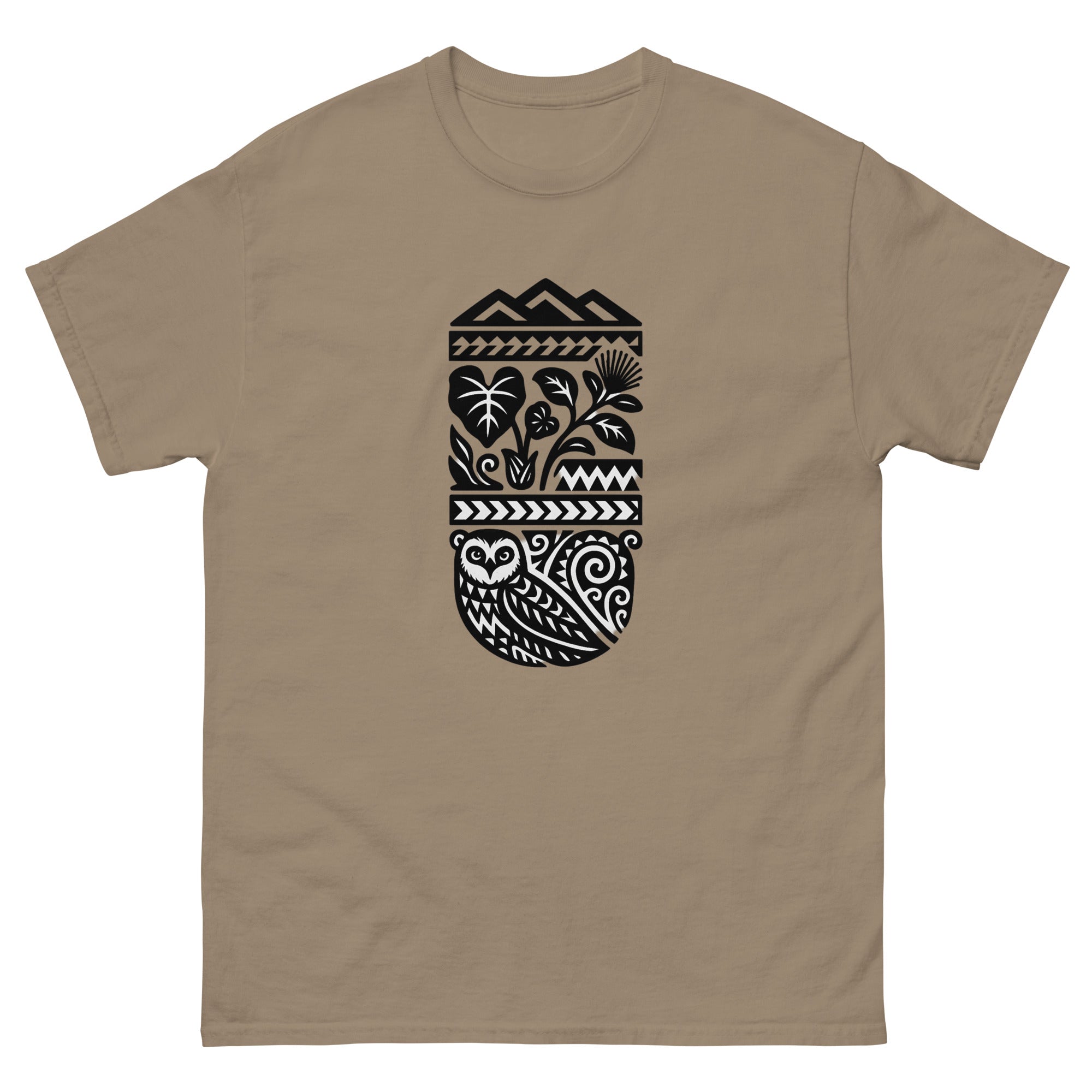 Half Sleeve Land Hawaiian t-shirt design on a Brown Savana unisex tee