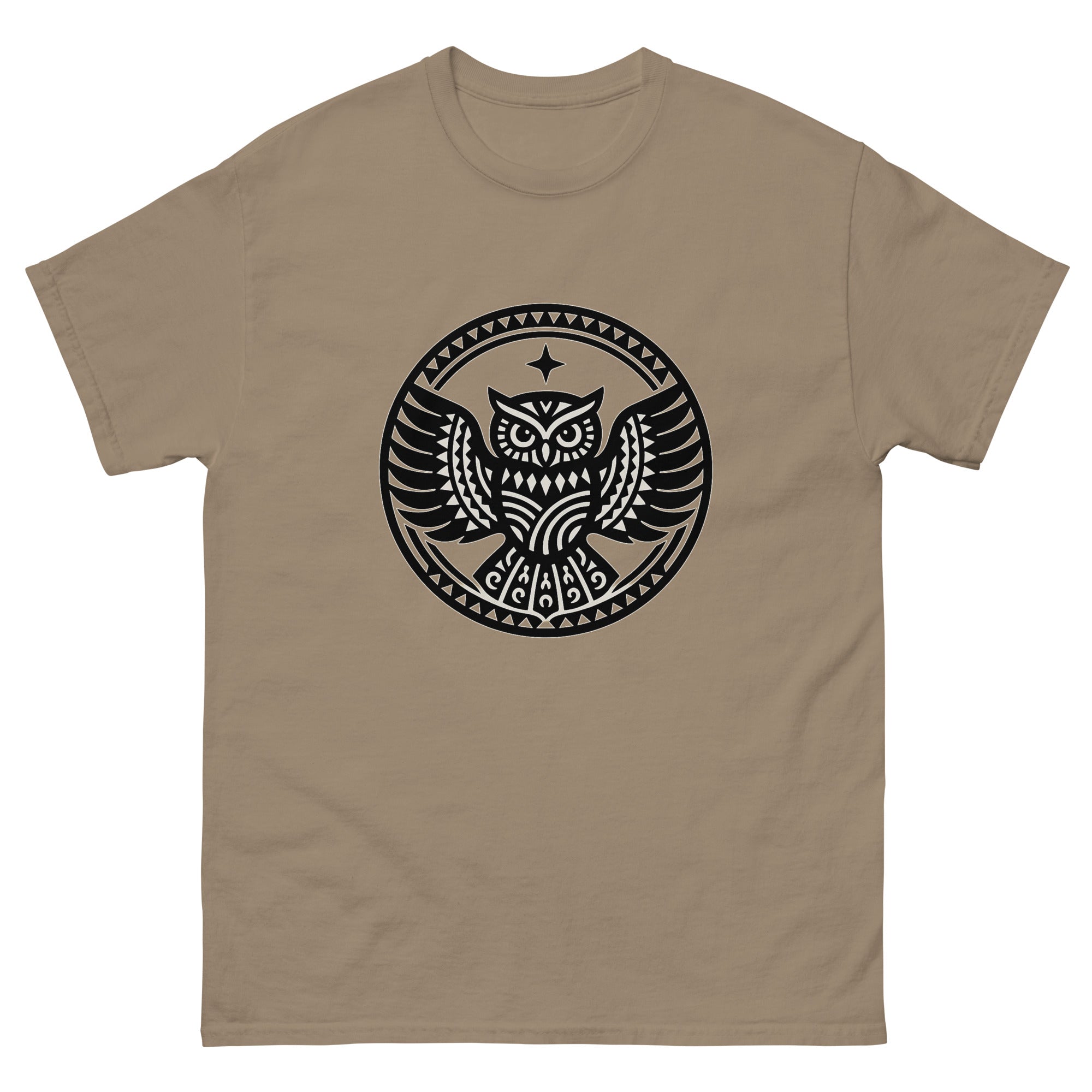 Pueo Aumakua Medallion Hawaiian t-shirt design on a Brown Savana unisex tee