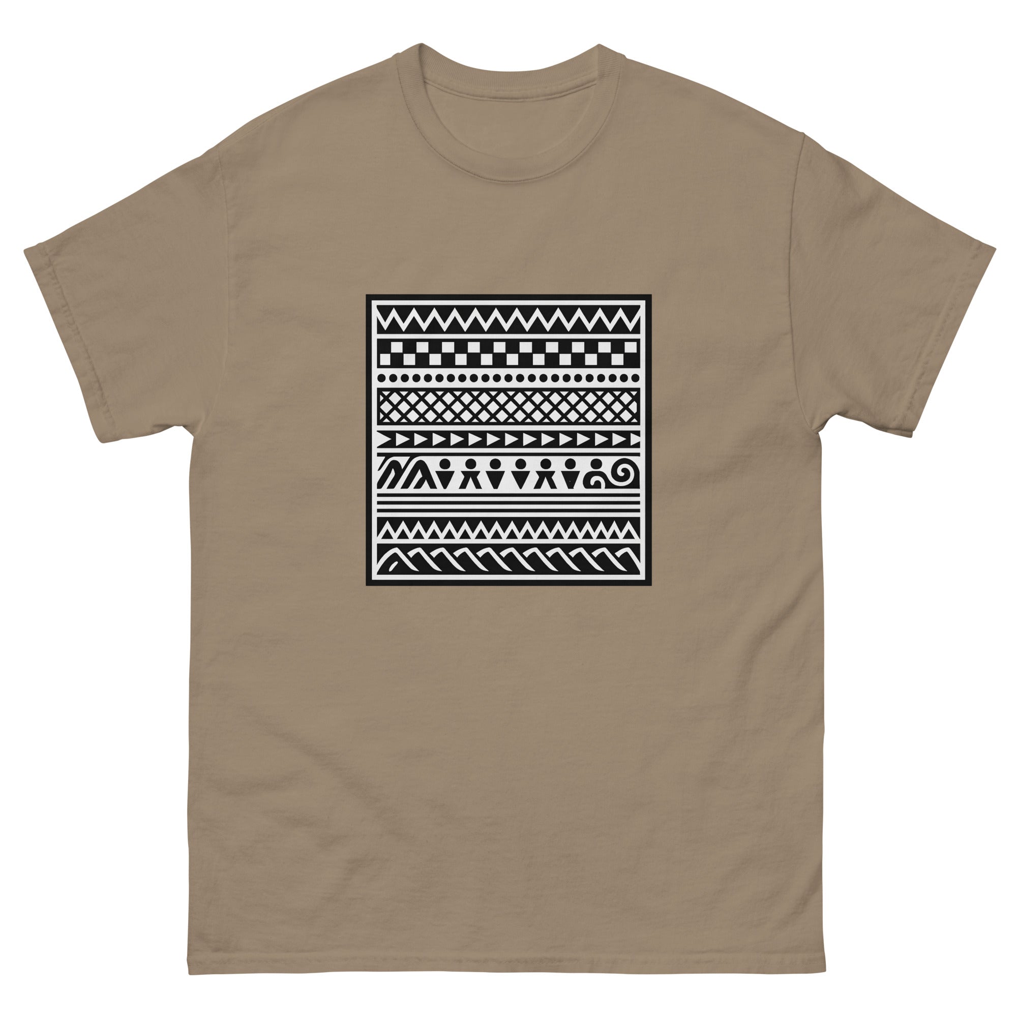 Kapa Pattern Panel Hawaiian t-shirt design on a Brown Savana unisex tee