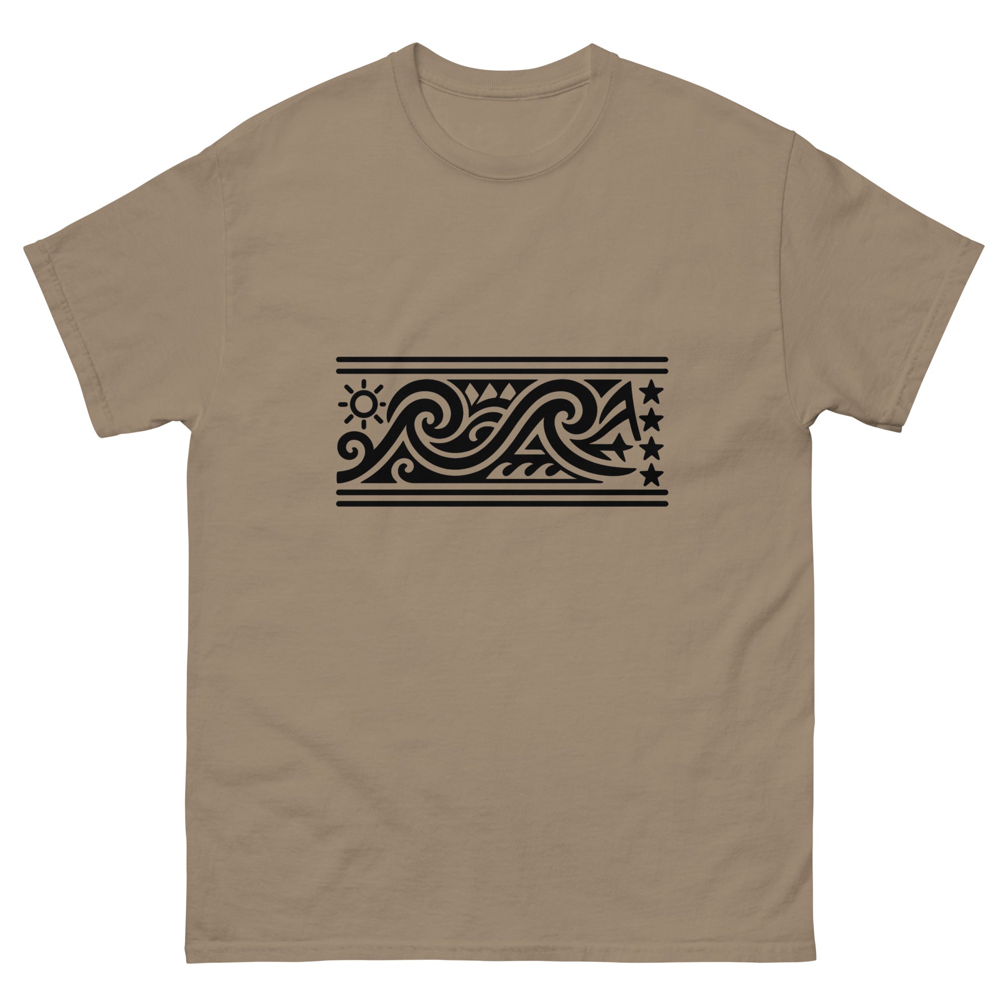 Ocean Wave Band Hawaiian t-shirt design on a Brown Savana unisex tee