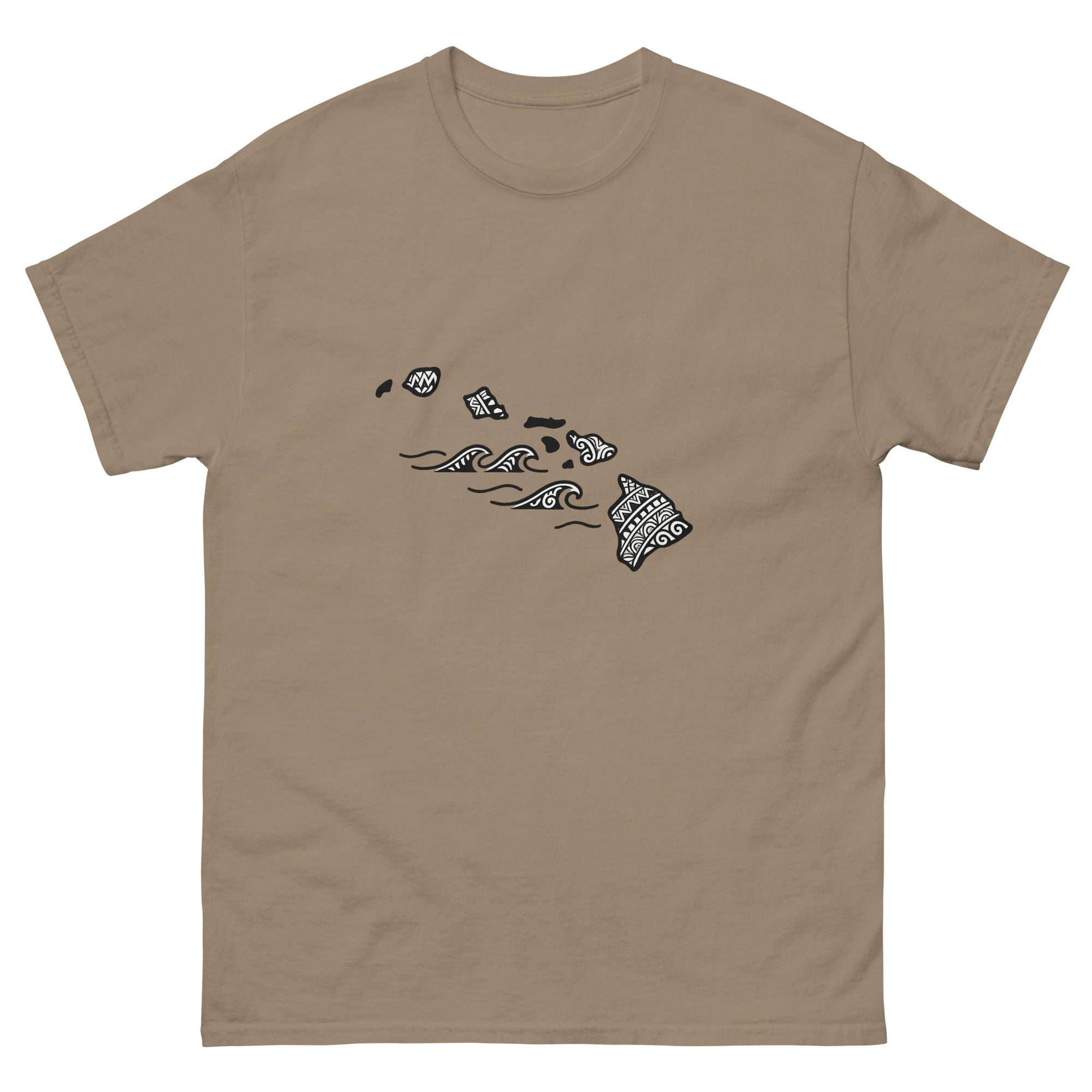 Hawaiian Islands Kakau Hawaiian t-shirt design on a Brown Savana unisex tee