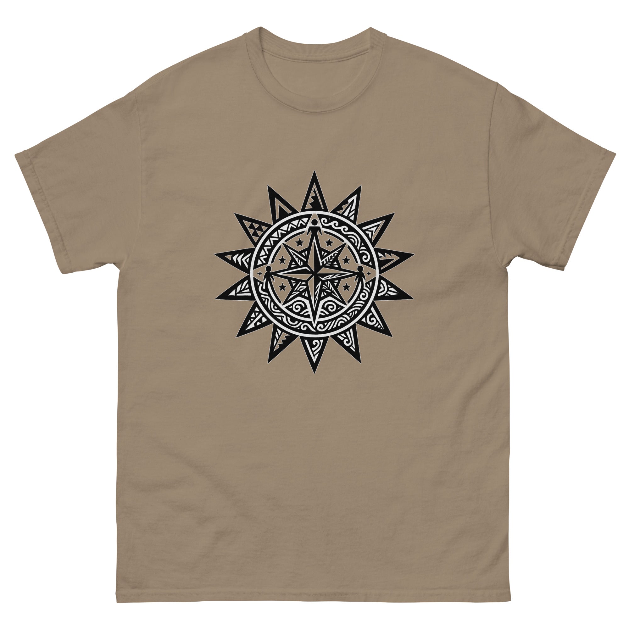 La Sun Compass Hawaiian t-shirt design on a Brown Savana unisex tee