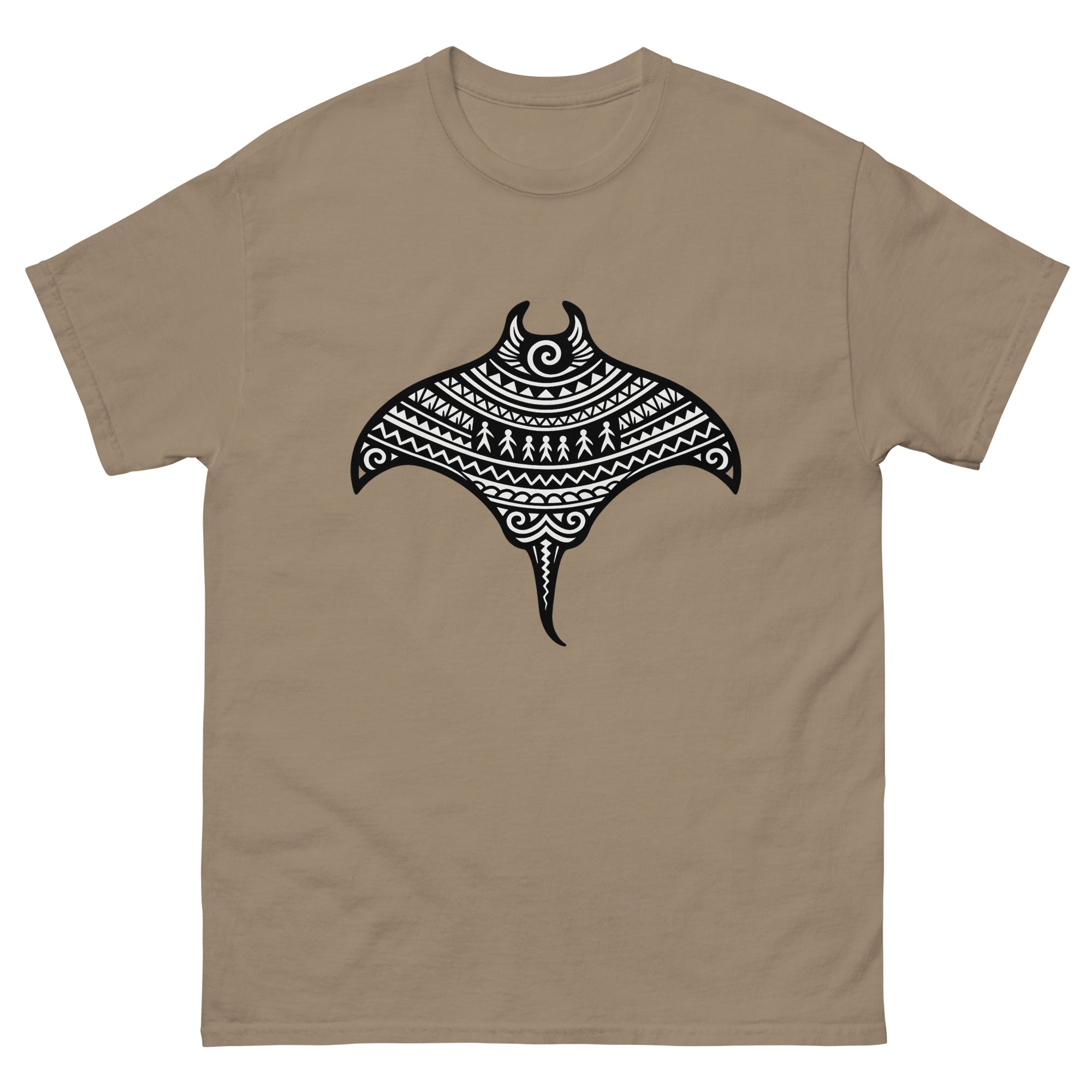 Manta Ray Kakau Hawaiian t-shirt design on a Brown Savana unisex tee