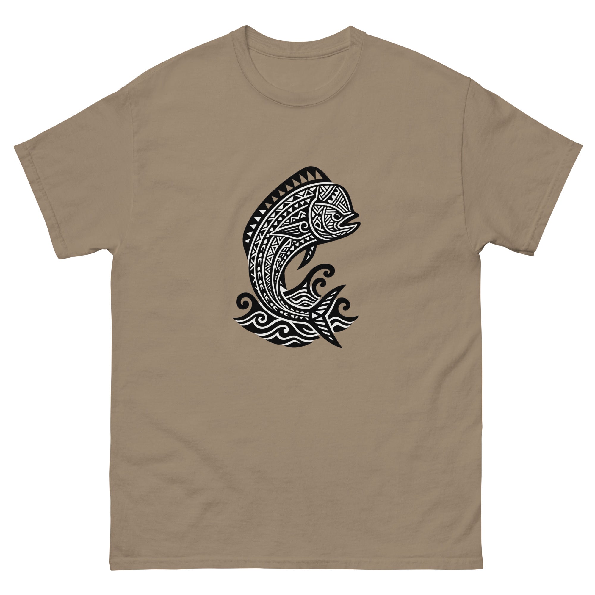 Mahimahi Kakau Hawaiian t-shirt design on a Brown Savana unisex tee
