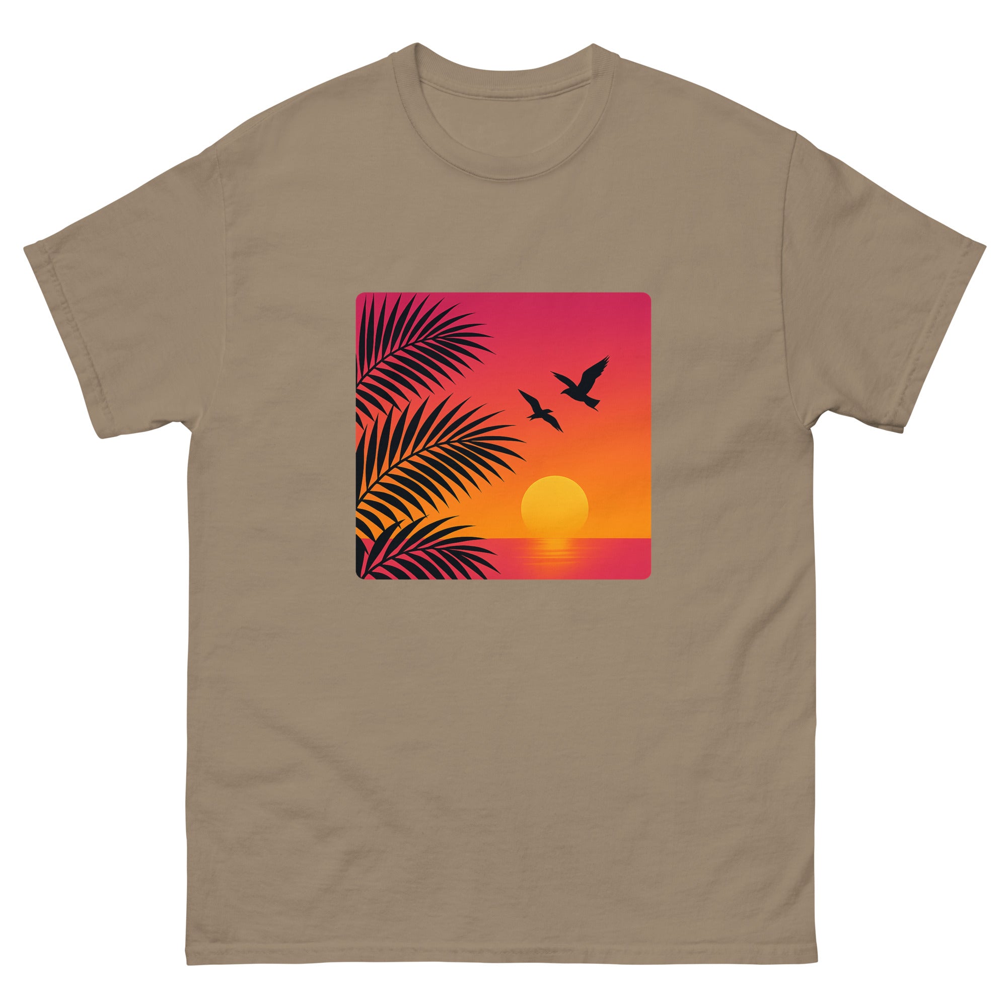 Sunset Palms Silhouette Hawaiian t-shirt design on a Brown Savana unisex tee