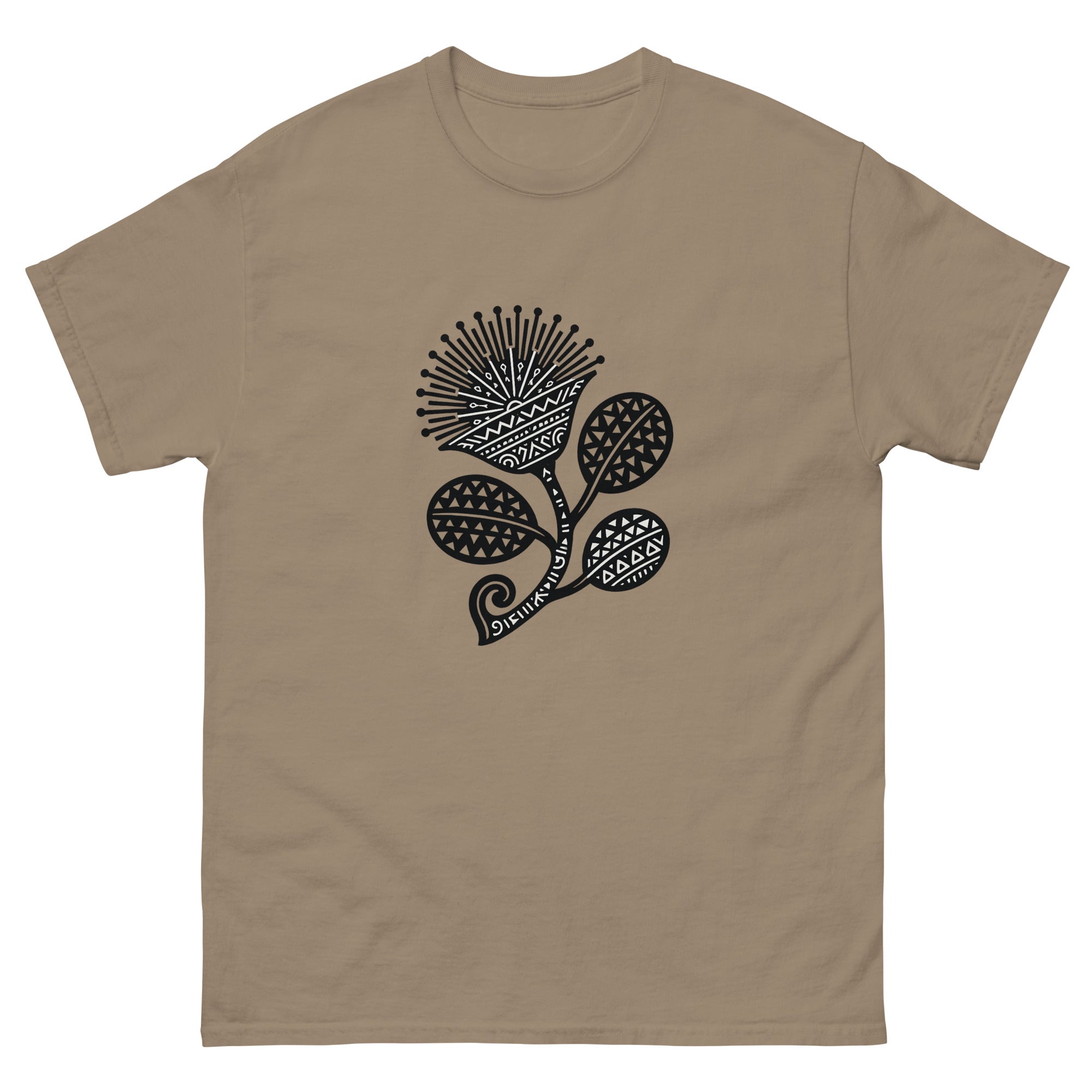 Lehua Kakau Hawaiian t-shirt design on a Brown Savana unisex tee