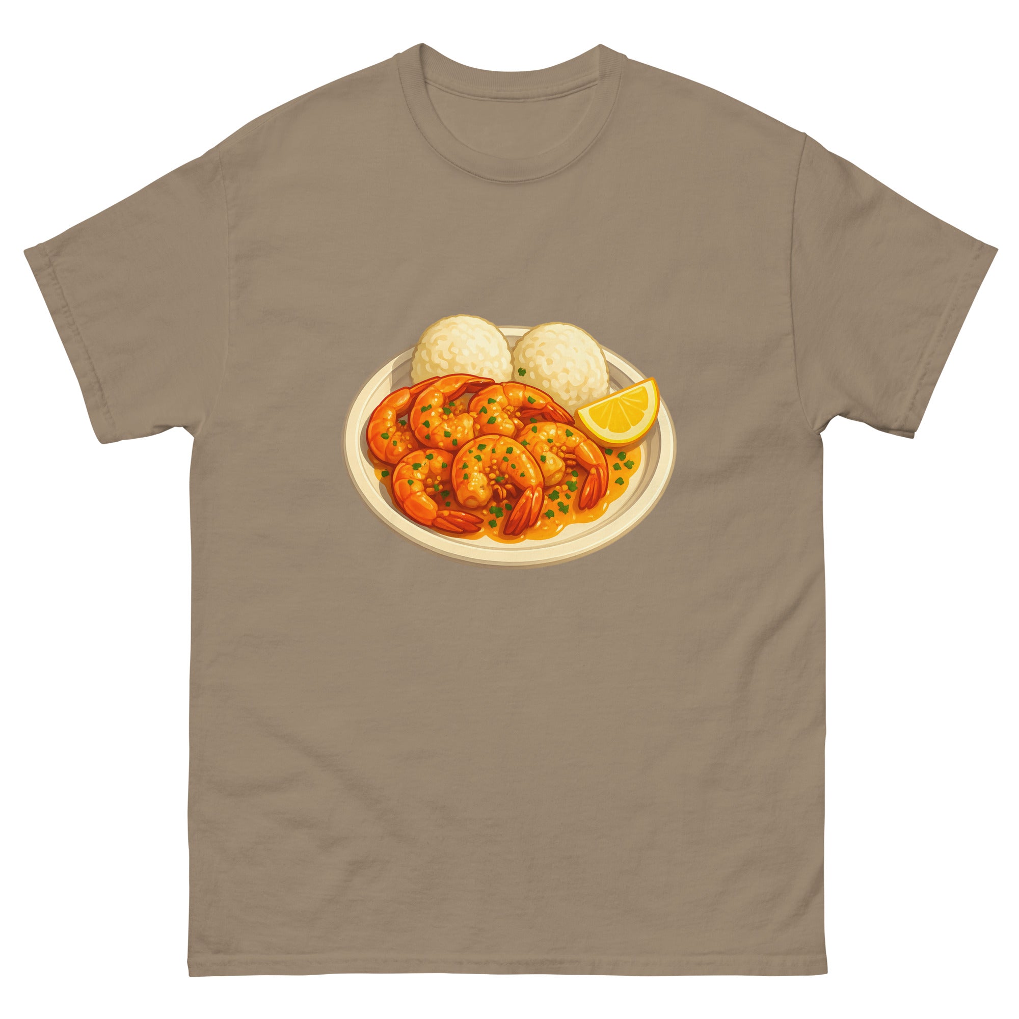 Garlic Shrimp Plate Hawaiian t-shirt design on a Brown Savana unisex tee