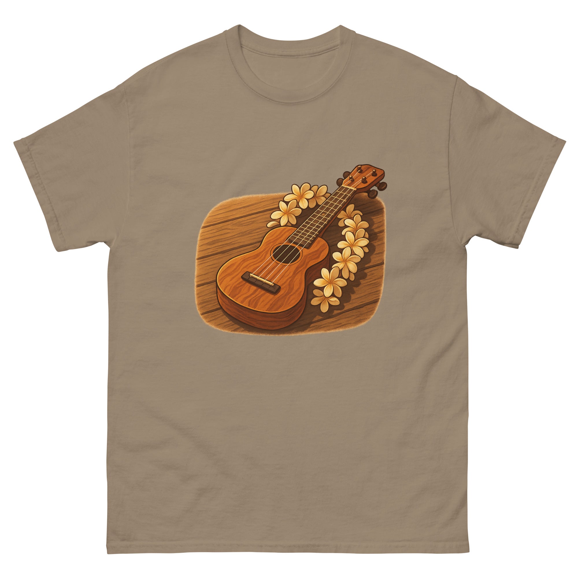 Ukulele And Lei Hawaiian t-shirt design on a Brown Savana unisex tee