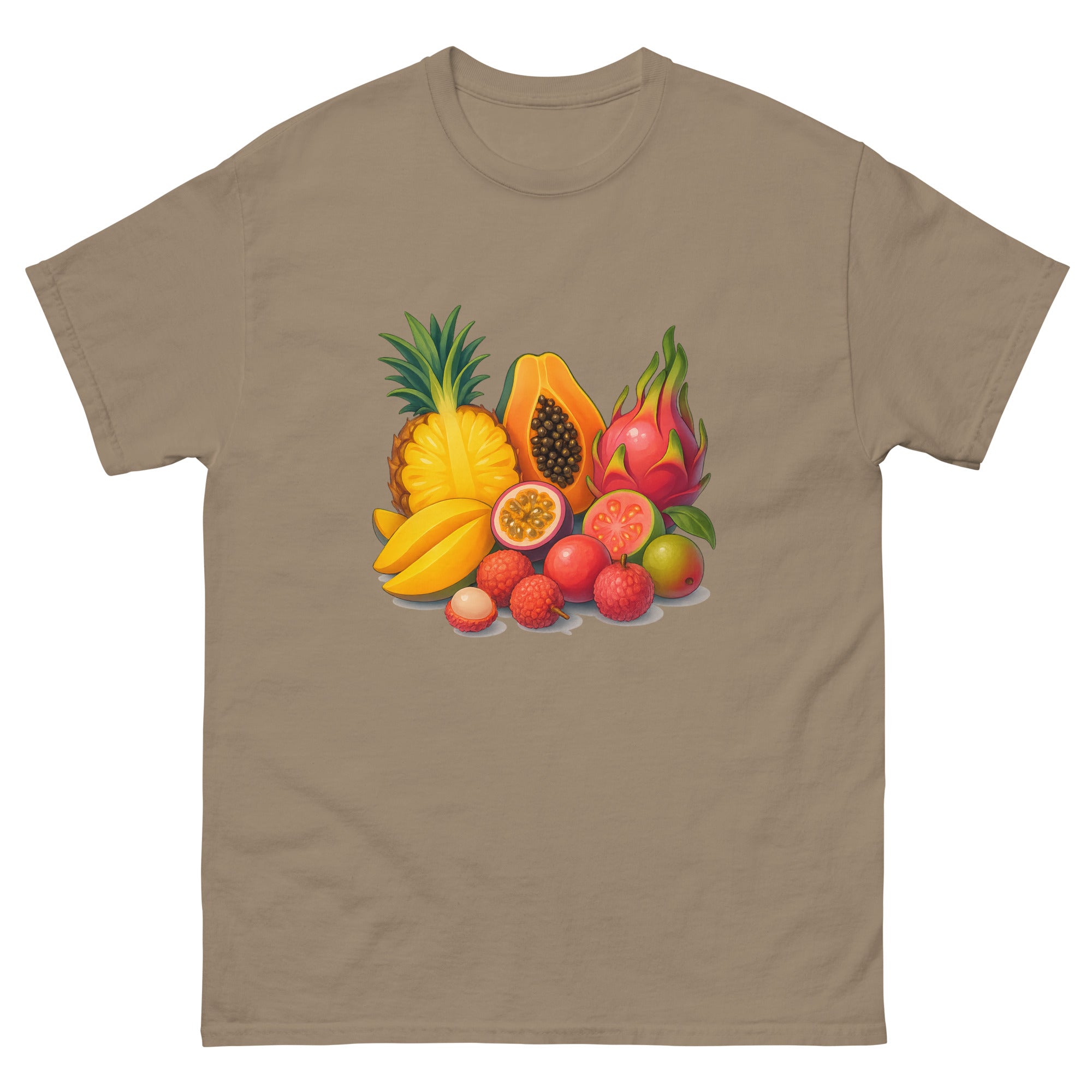 Tropical Fruit Spread Hawaiian t-shirt design on a Brown Savana unisex tee