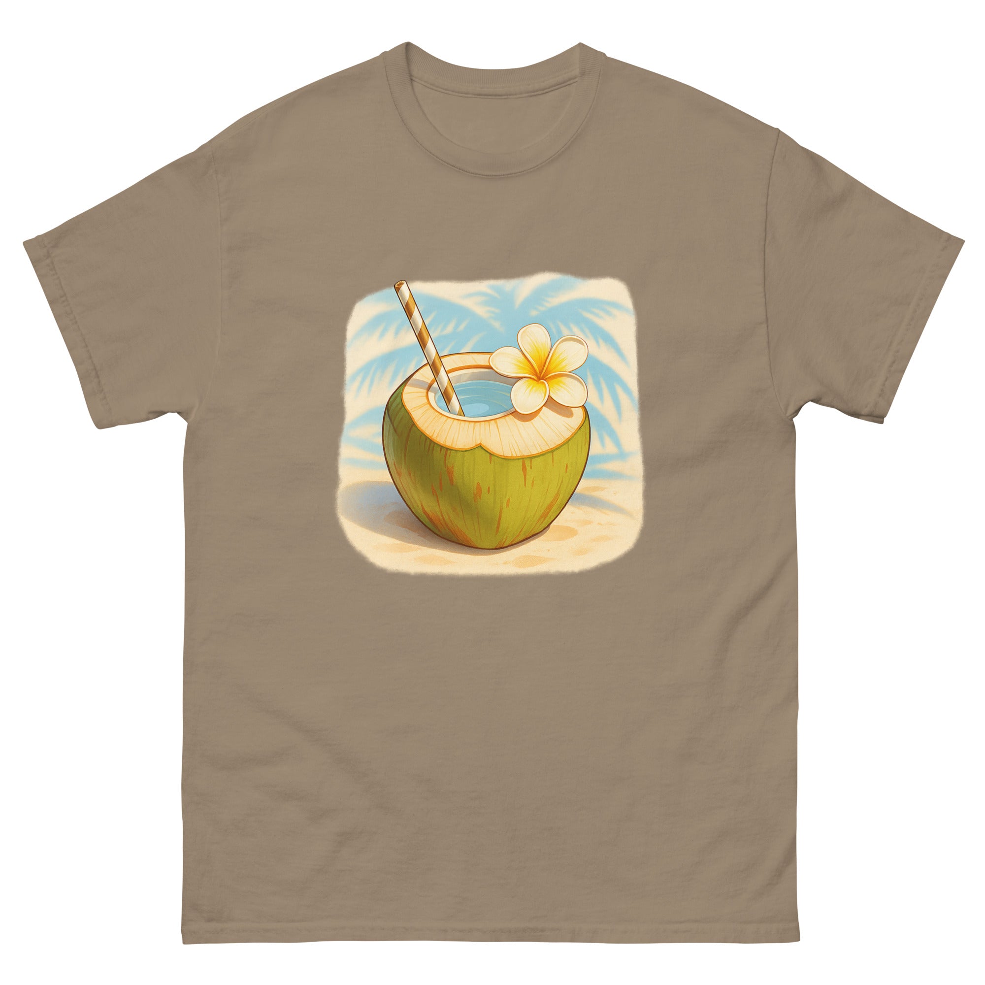 Coconut Drink Hawaiian t-shirt design on a Brown Savana unisex tee