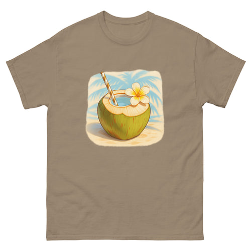 Coconut Drink Hawaiian t-shirt design on a Brown Savana unisex tee