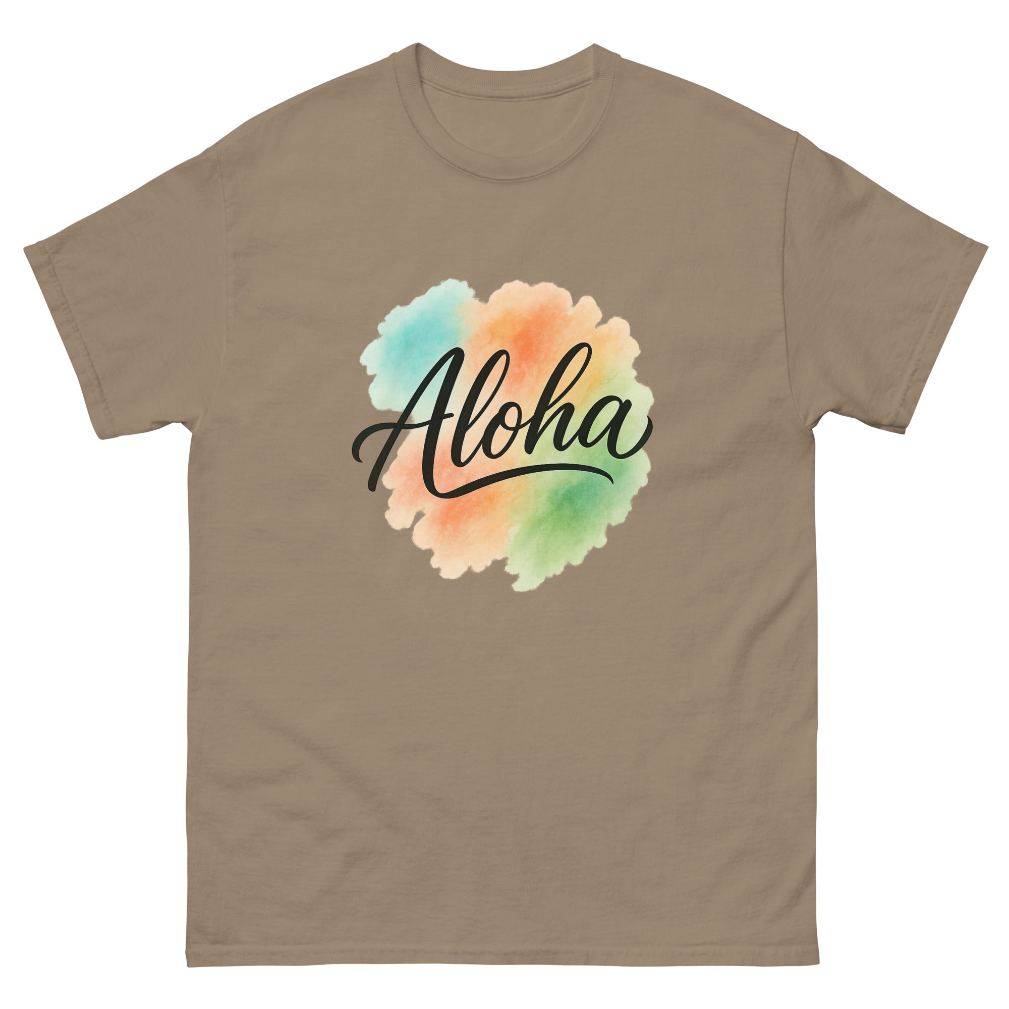 Aloha Spirit Type Hawaiian t-shirt design on a Brown Savana unisex tee