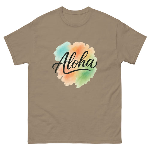 Aloha Spirit Type Hawaiian t-shirt design on a Brown Savana unisex tee