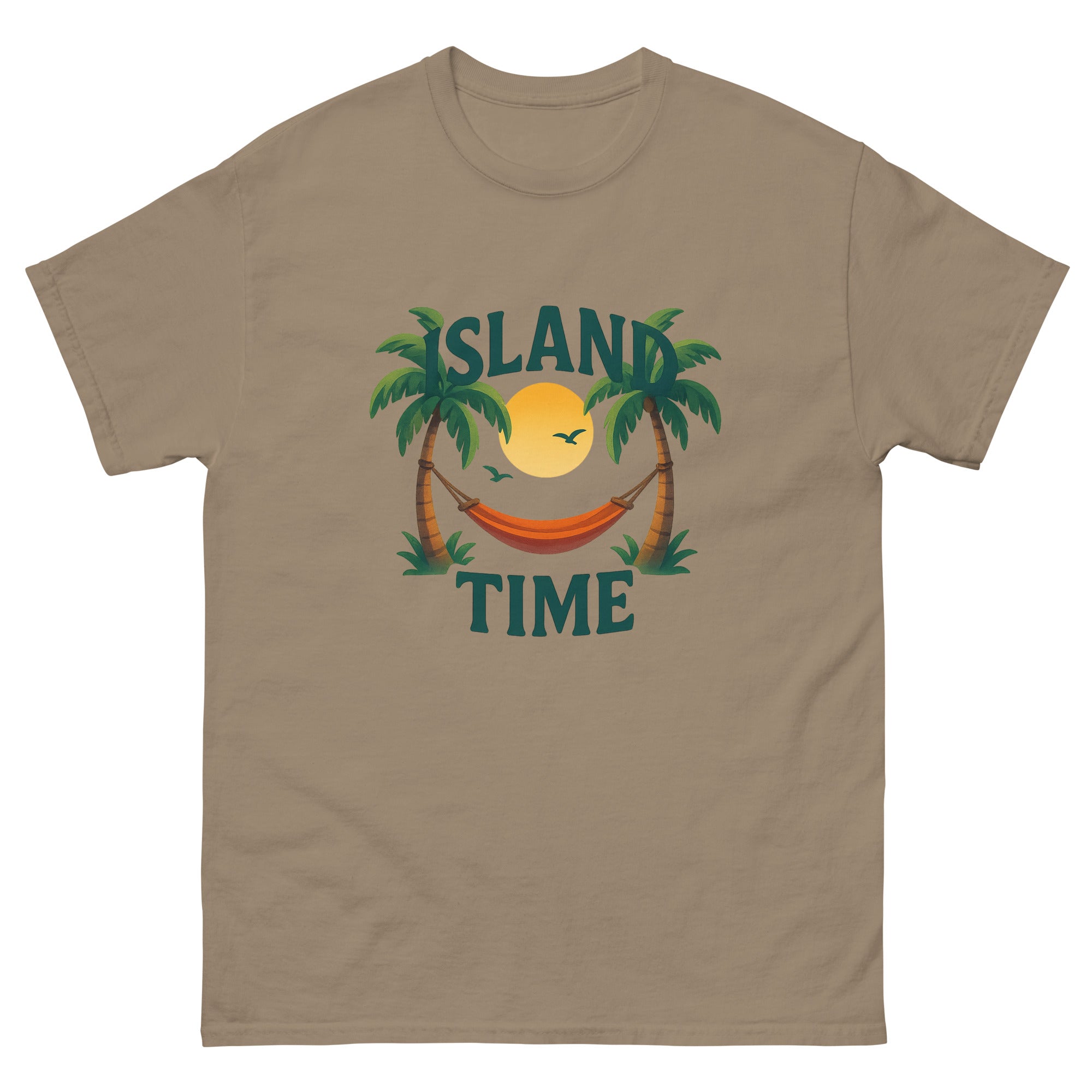 Island Time Type Hawaiian t-shirt design on a Brown Savana unisex tee
