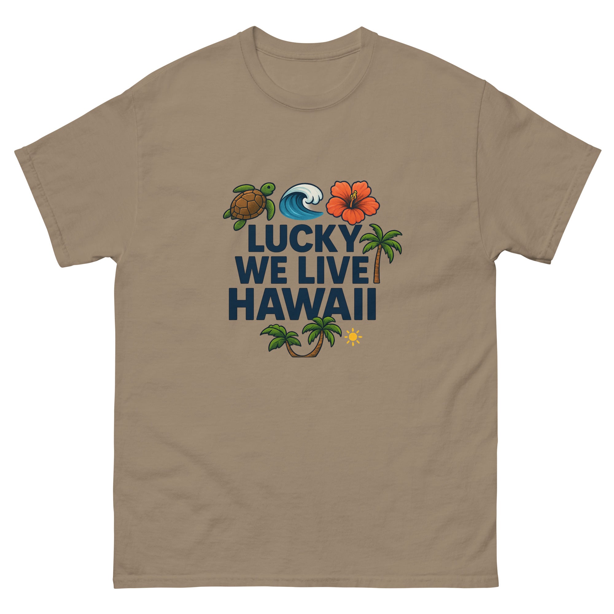 Lucky We Live Hawaii Type Hawaiian t-shirt design on a Brown Savana unisex tee