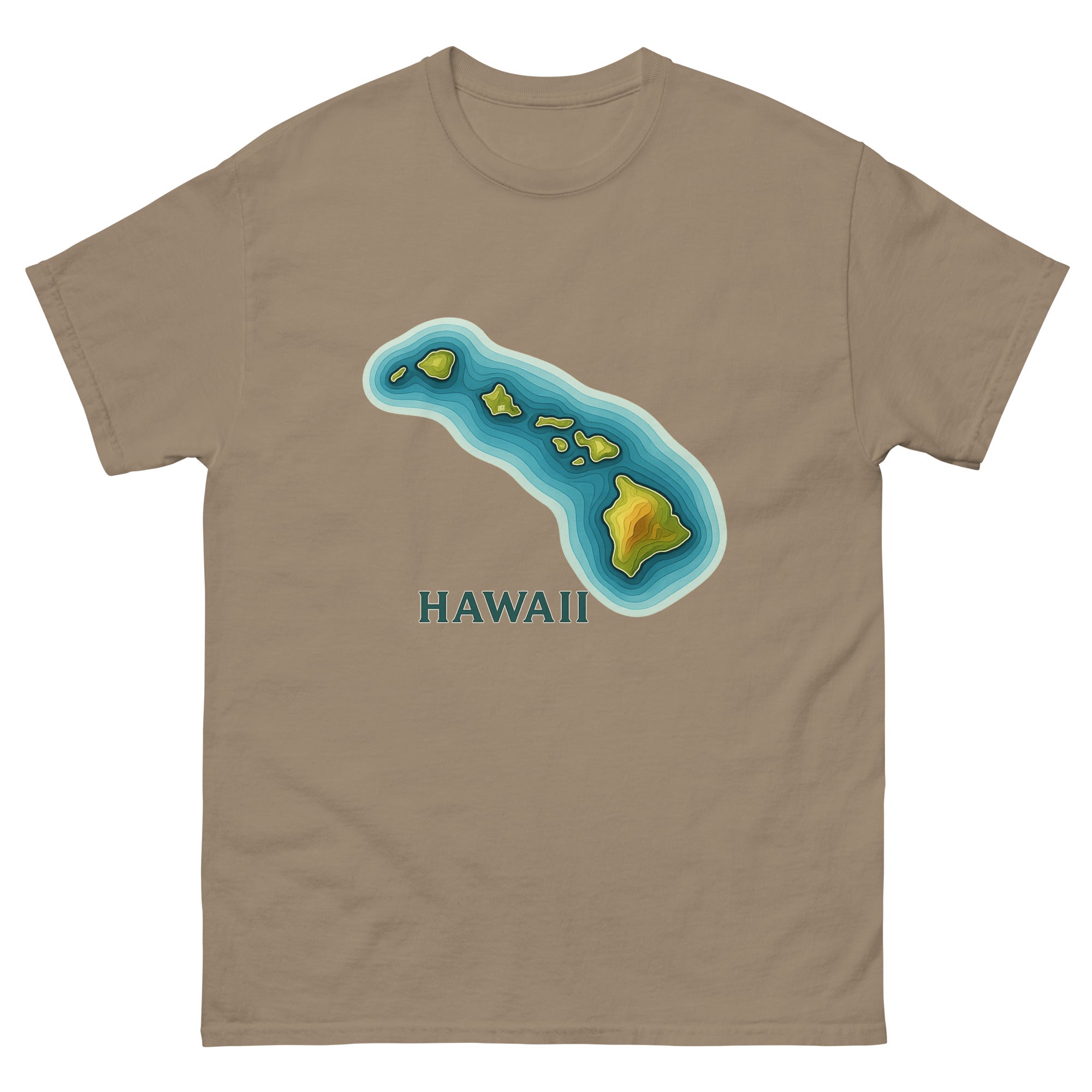 Hawaii Topographic Hawaiian t-shirt design on a Brown Savana unisex tee