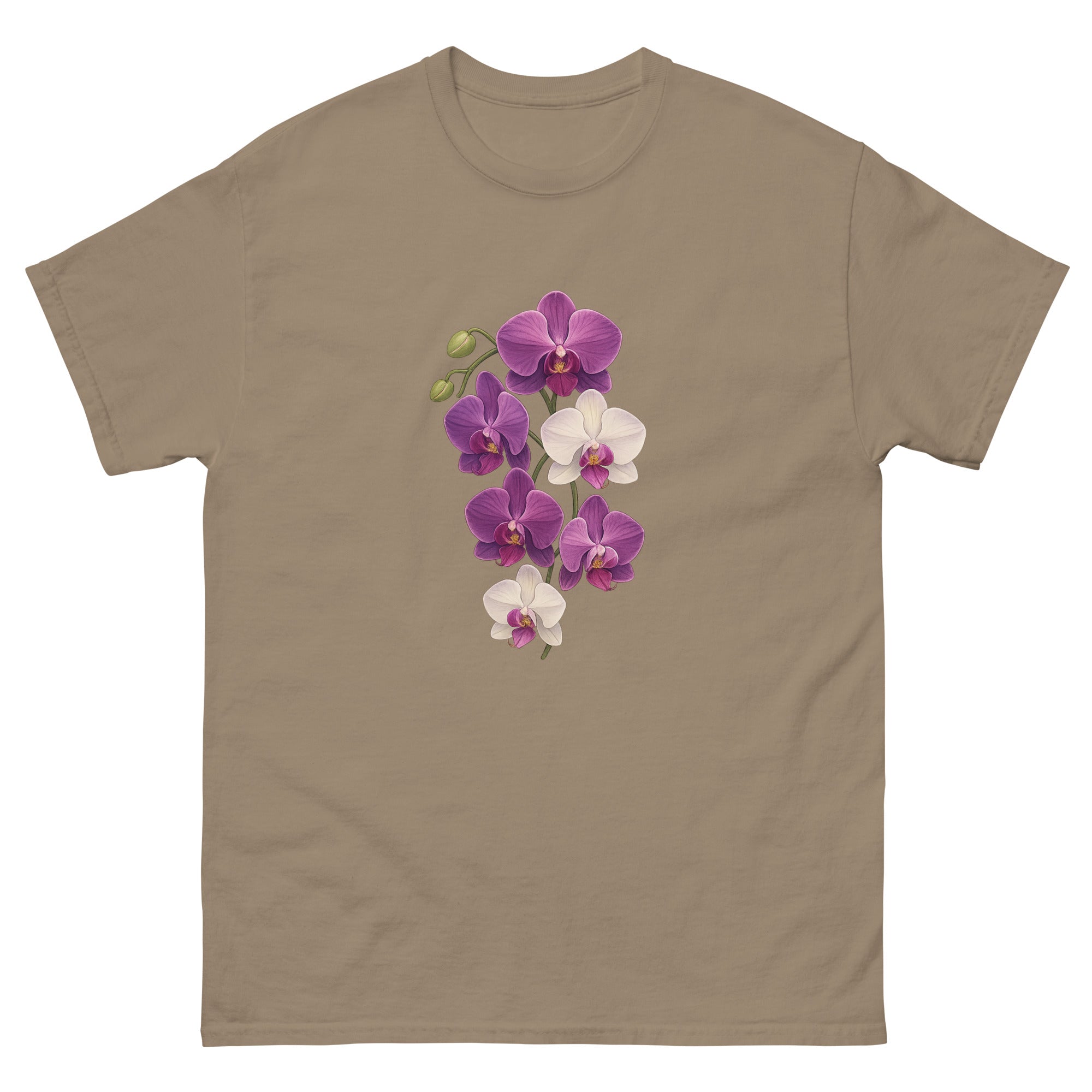 Orchid Cascade Hawaiian t-shirt design on a Brown Savana unisex tee