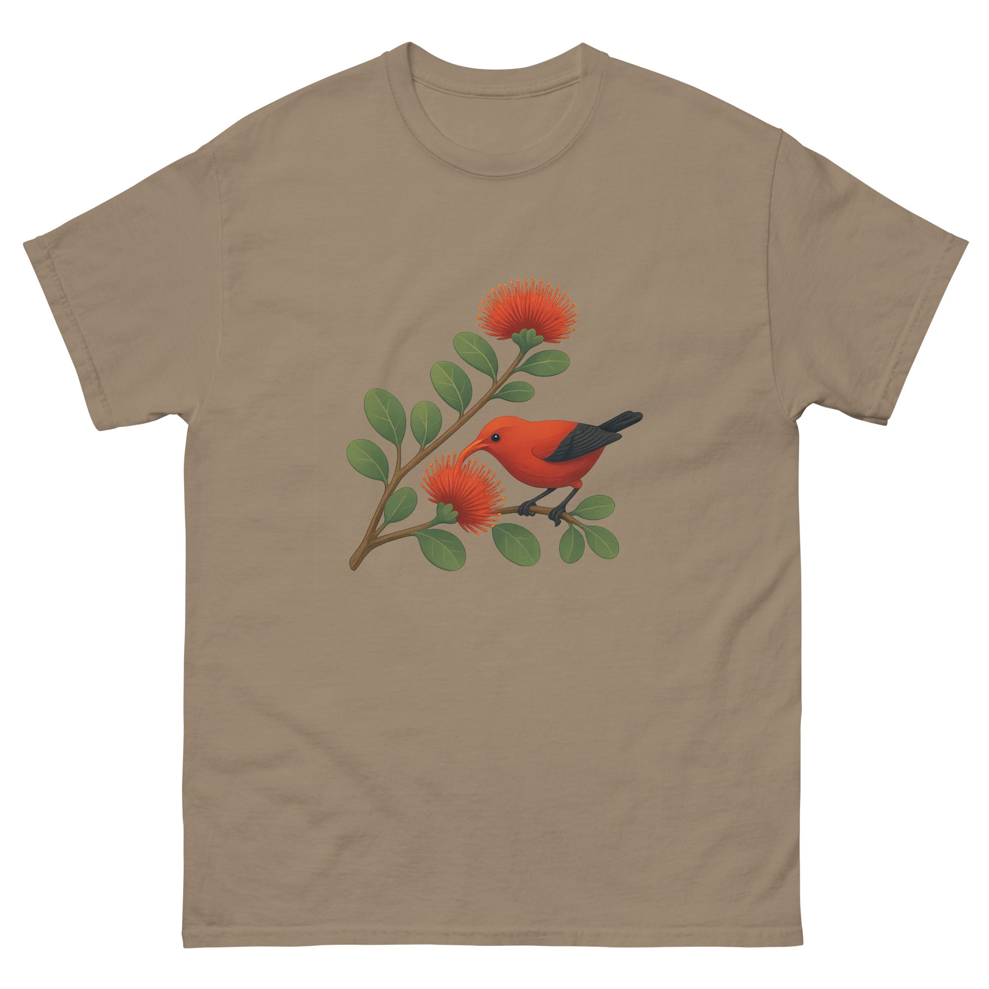 Ohia Lehua And Iiwi Hawaiian t-shirt design on a Brown Savana unisex tee