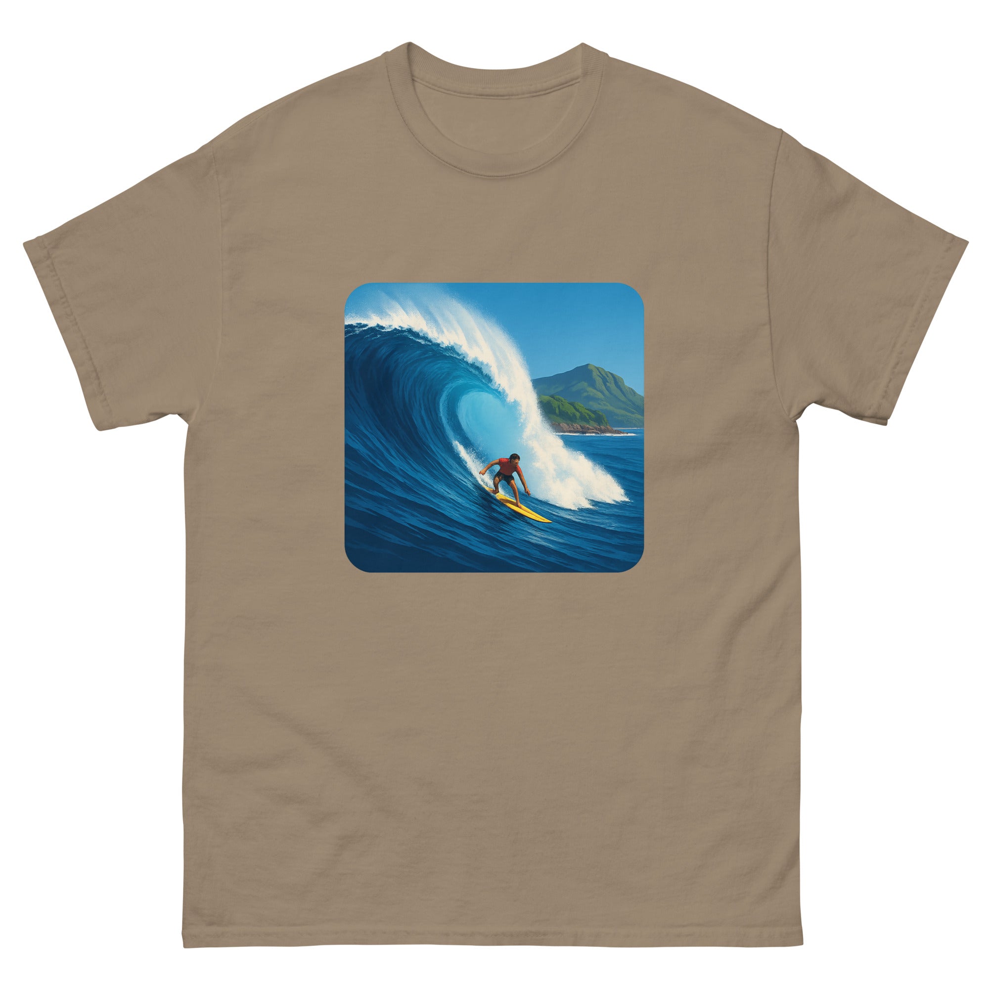 Waimea Bay Drop Hawaiian t-shirt design on a Brown Savana unisex tee
