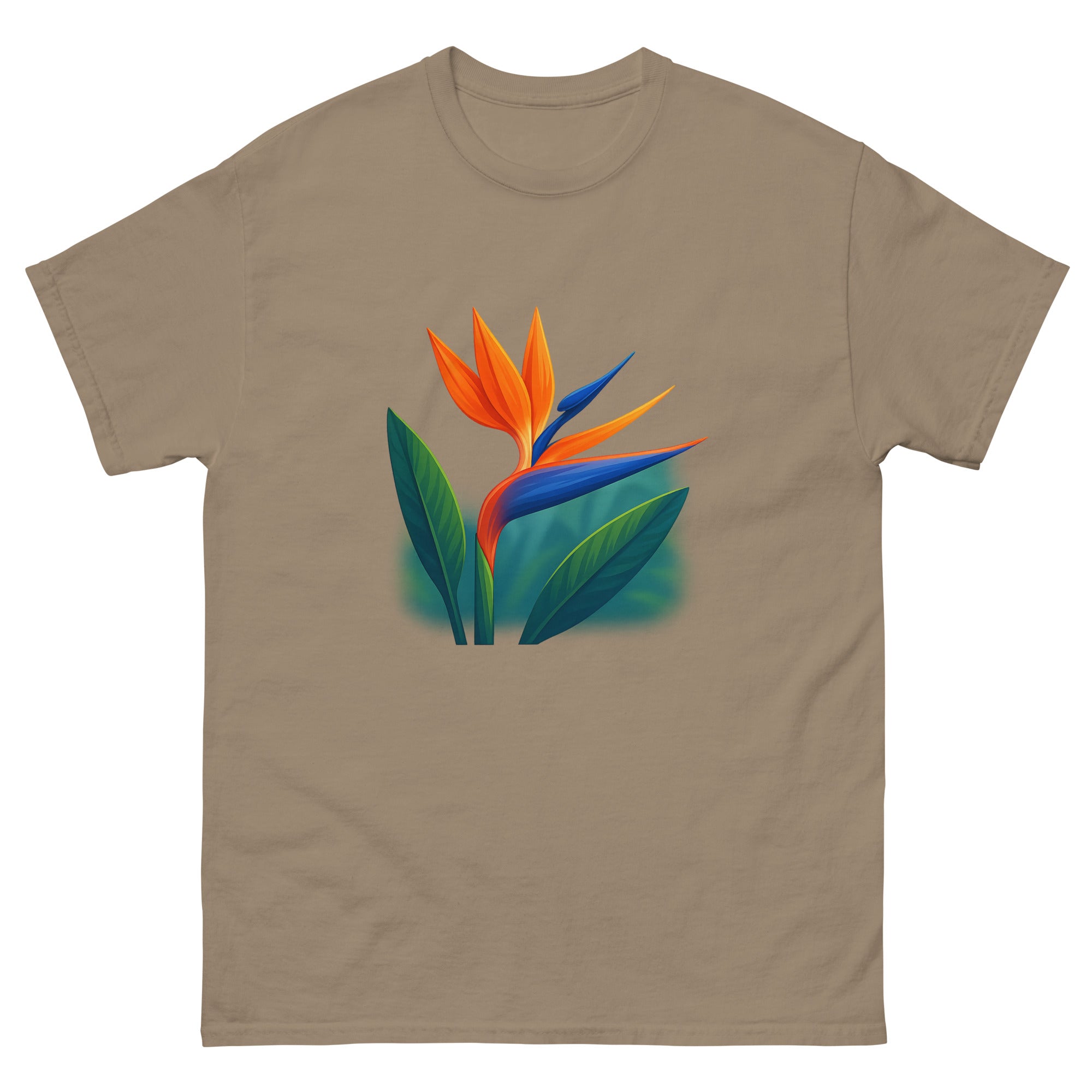 Bird Of Paradise Hawaiian t-shirt design on a Brown Savana unisex tee