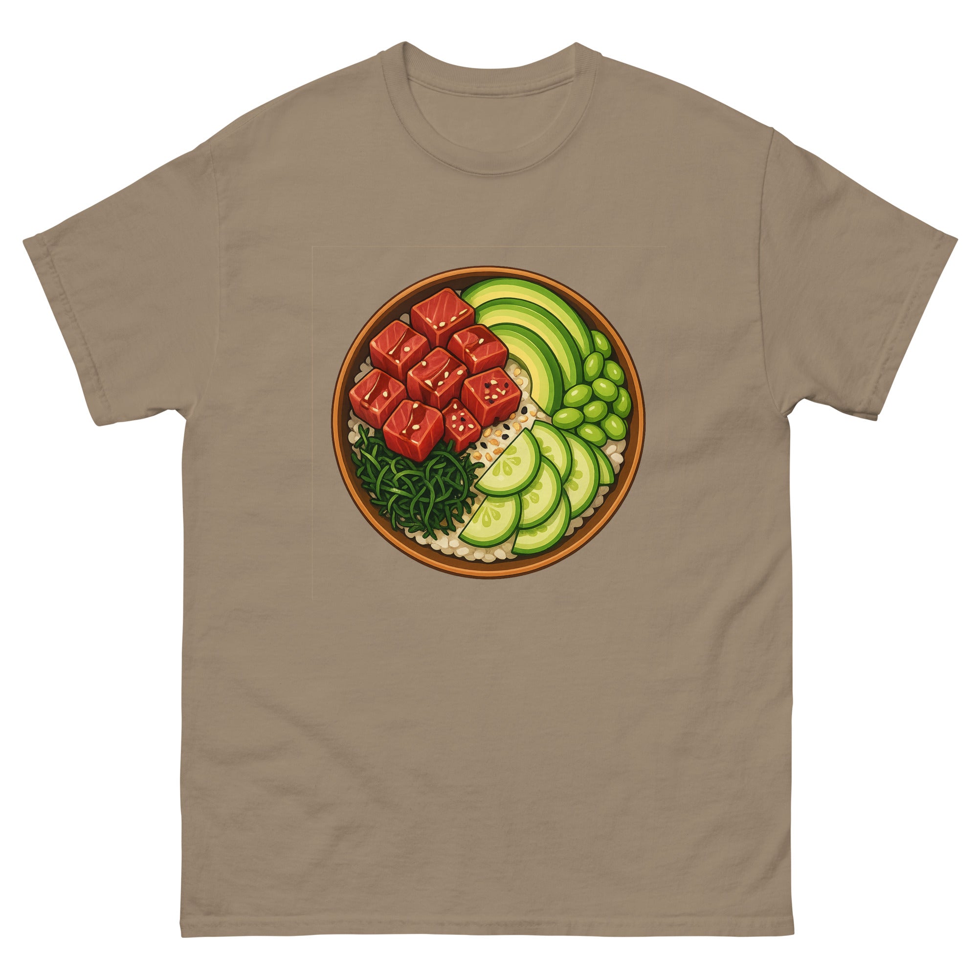 Poke Bowl Hawaiian t-shirt design on a Brown Savana unisex tee