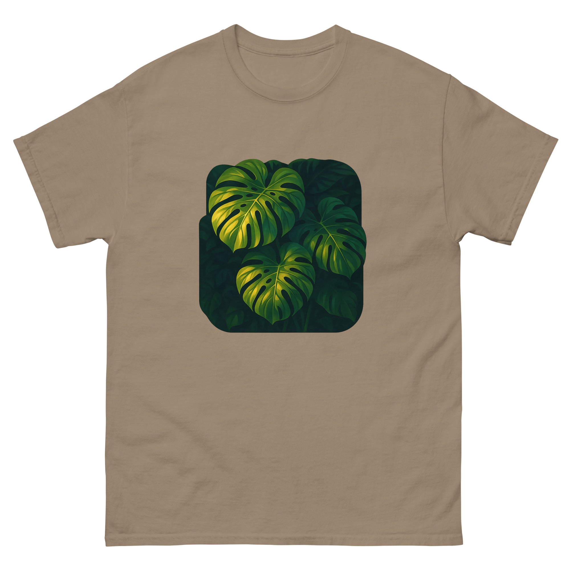 Monstera And Light Hawaiian t-shirt design on a Brown Savana unisex tee