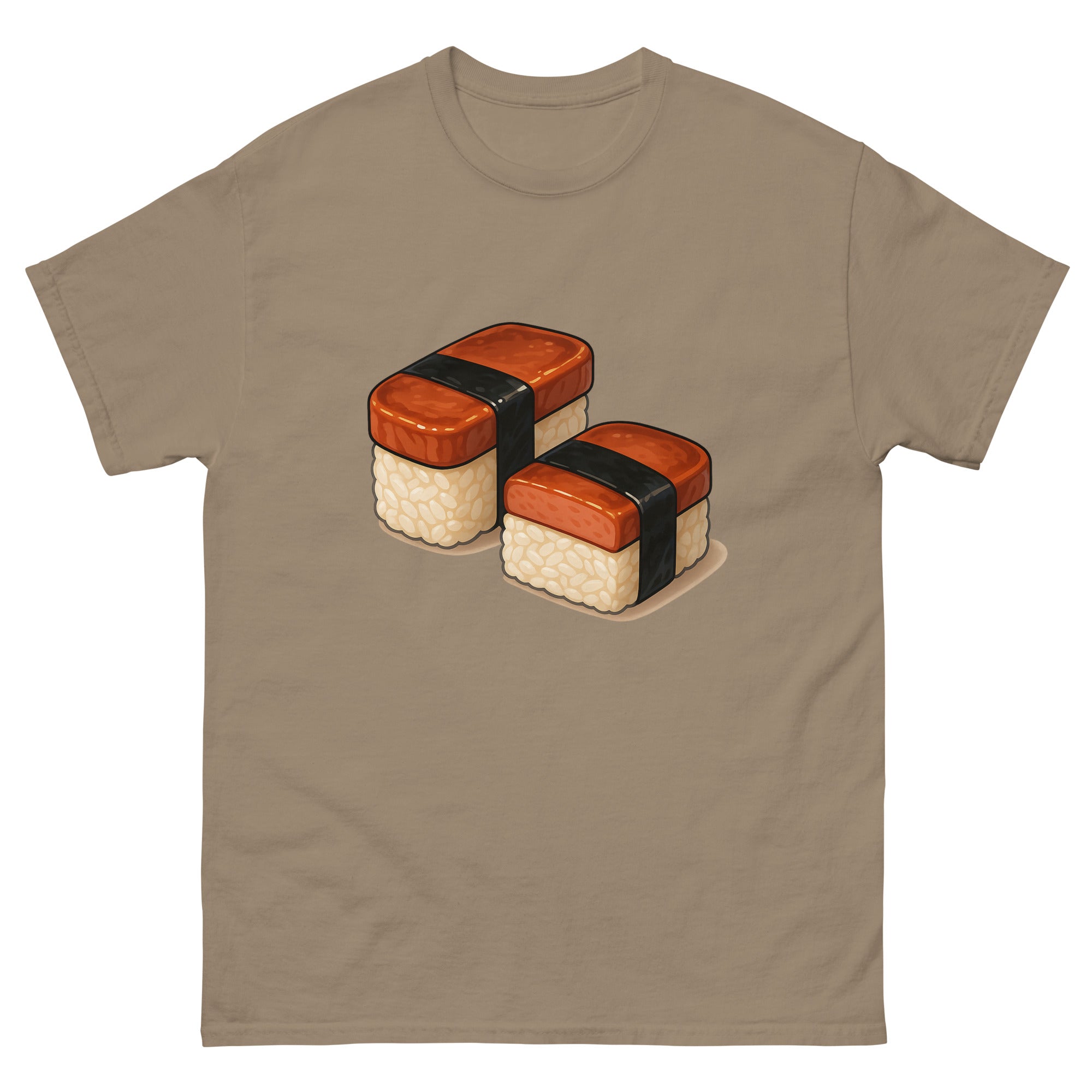 Spam Musubi Hawaiian t-shirt design on a Brown Savana unisex tee