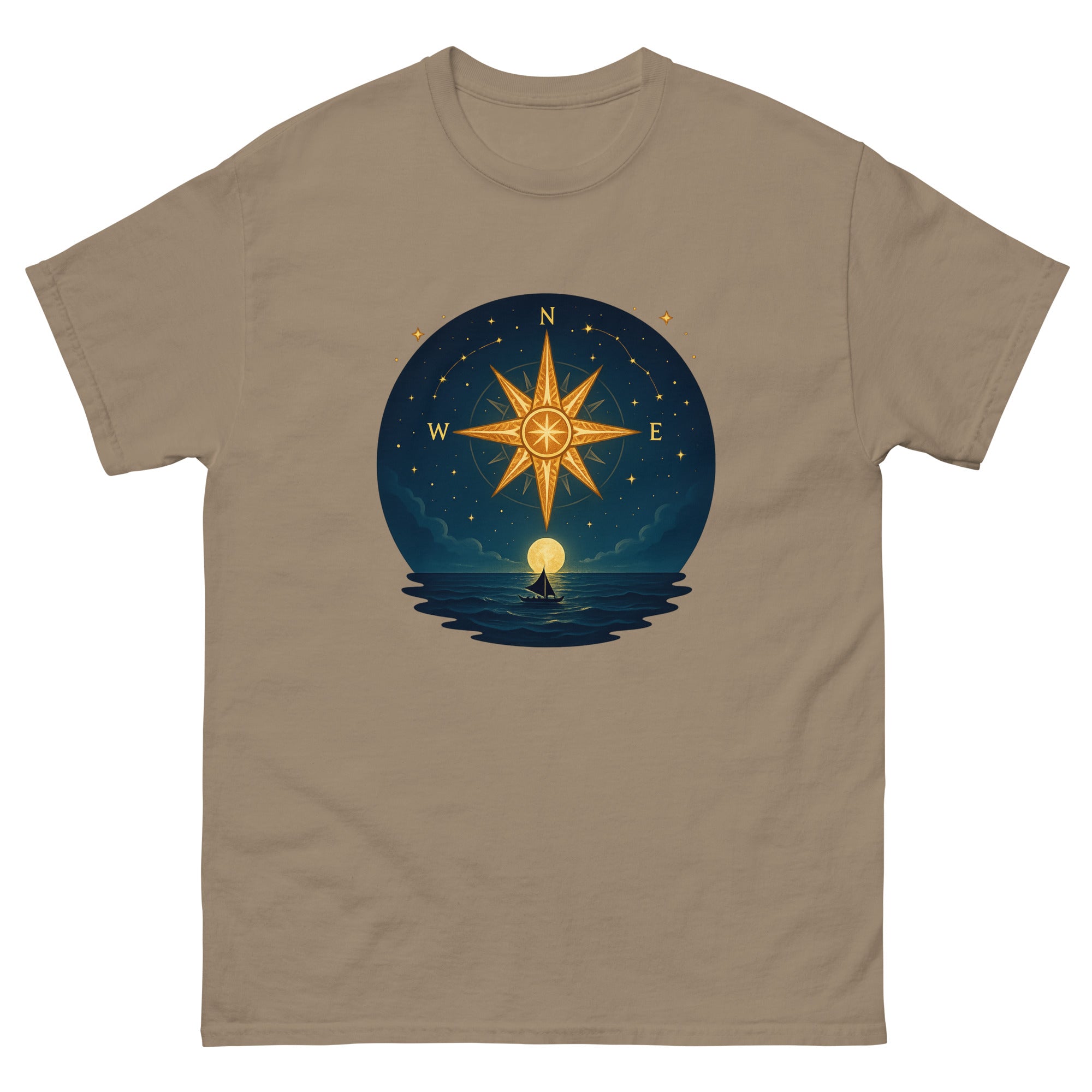 Wayfinding Stars Hawaiian t-shirt design on a Brown Savana unisex tee