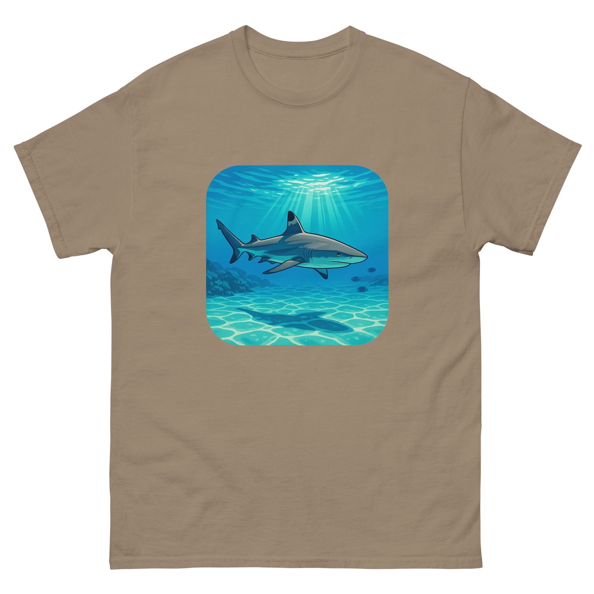 Reef Shark Cruise Hawaiian t-shirt design on a Brown Savana unisex tee