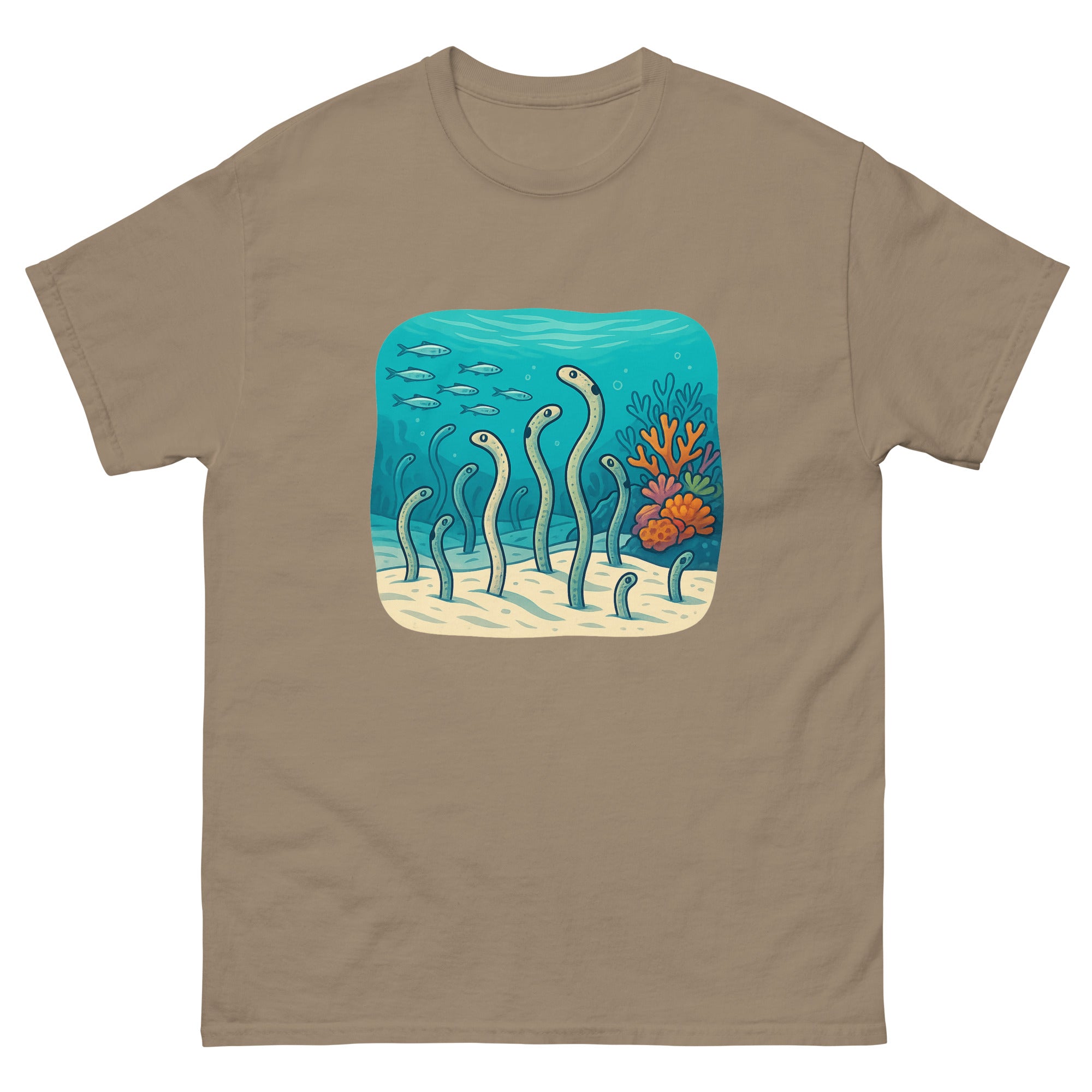 Garden Eels Reef Hawaiian t-shirt design on a Brown Savana unisex tee