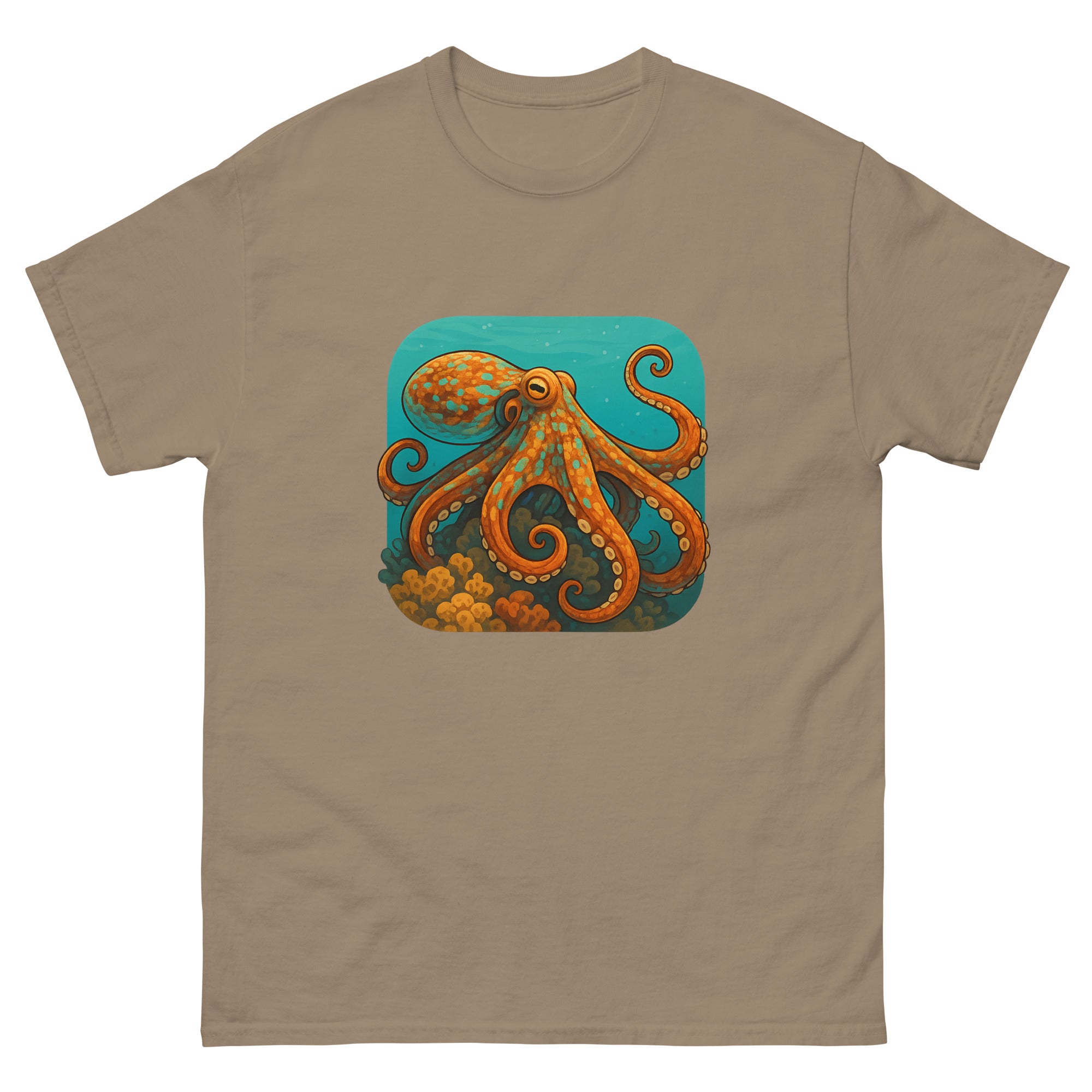 Octopus On The Reef Hawaiian t-shirt design on a Brown Savana unisex tee