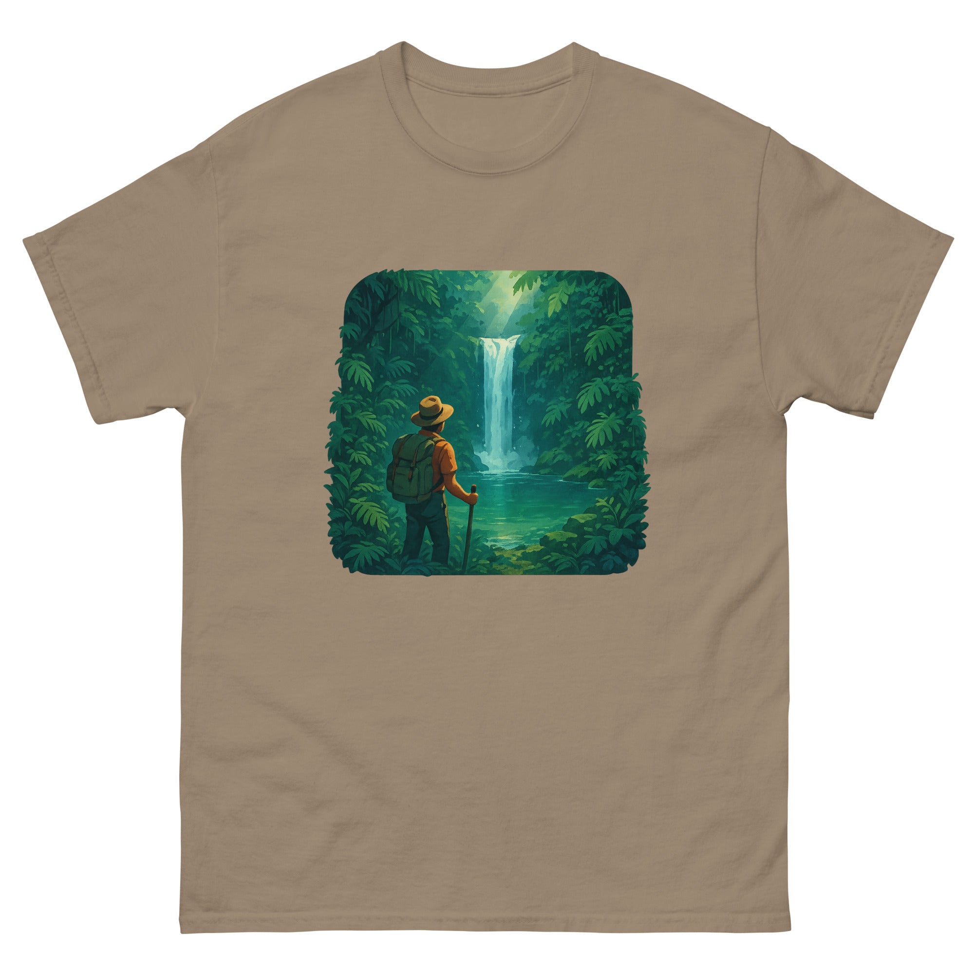 Waterfall Hike Hawaiian t-shirt design on a Brown Savana unisex tee