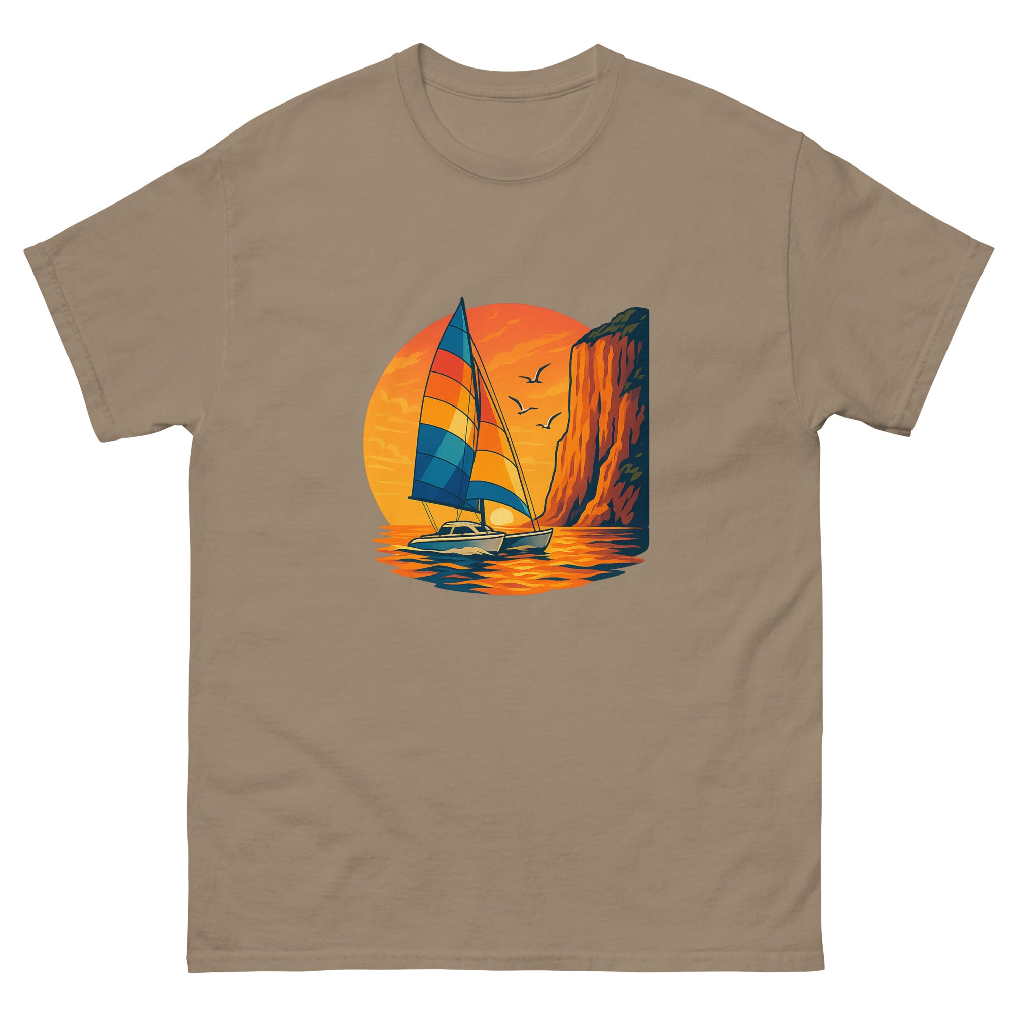 Catamaran Sunset Sail Hawaiian t-shirt design on a Brown Savana unisex tee