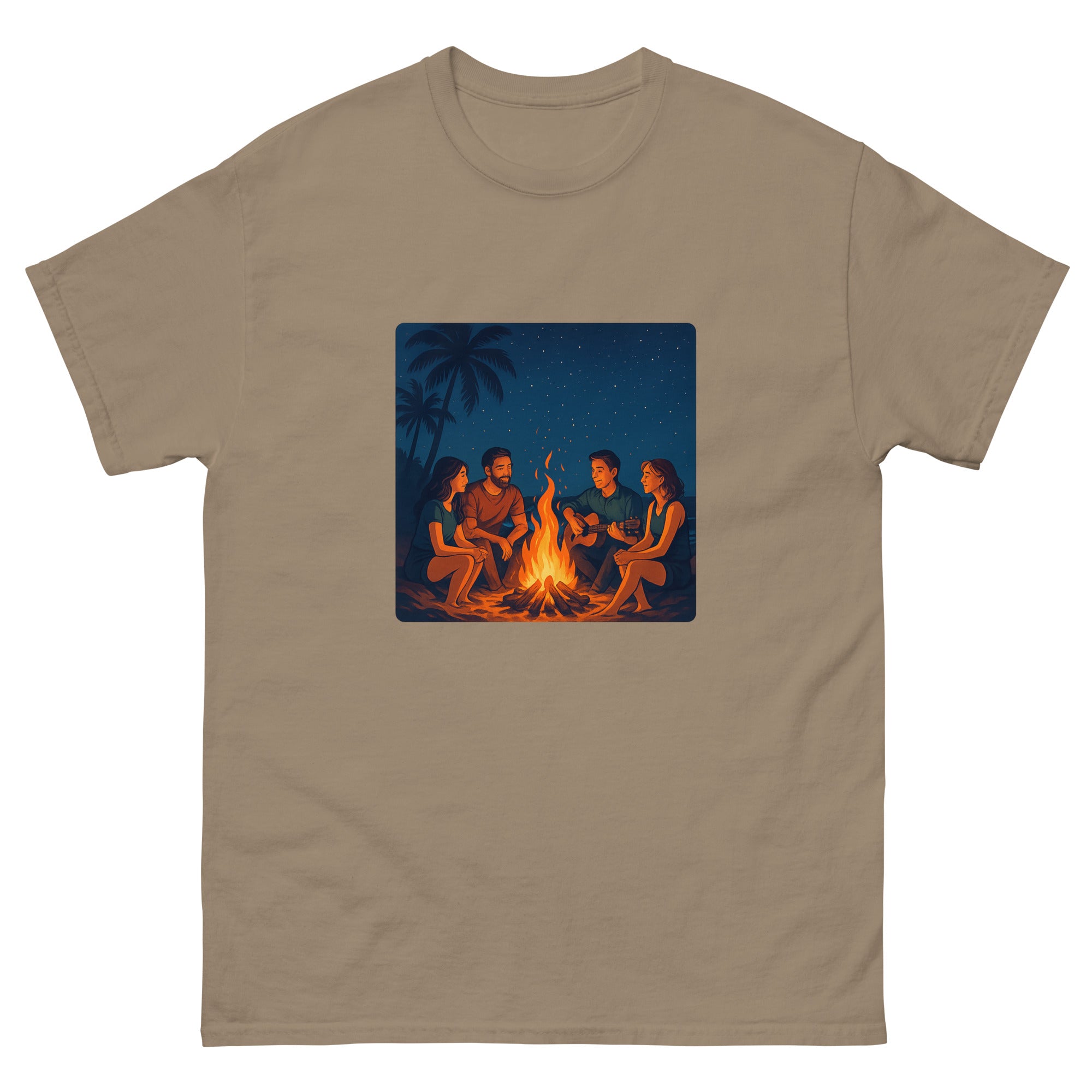 Beach Bonfire Night Hawaiian t-shirt design on a Brown Savana unisex tee