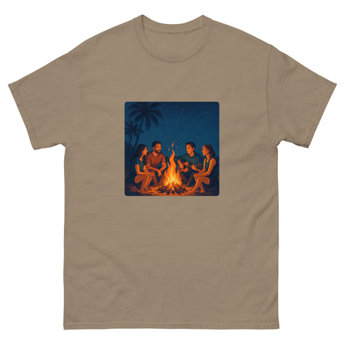 Beach Bonfire Night Hawaiian t-shirt design on a Brown Savana unisex tee