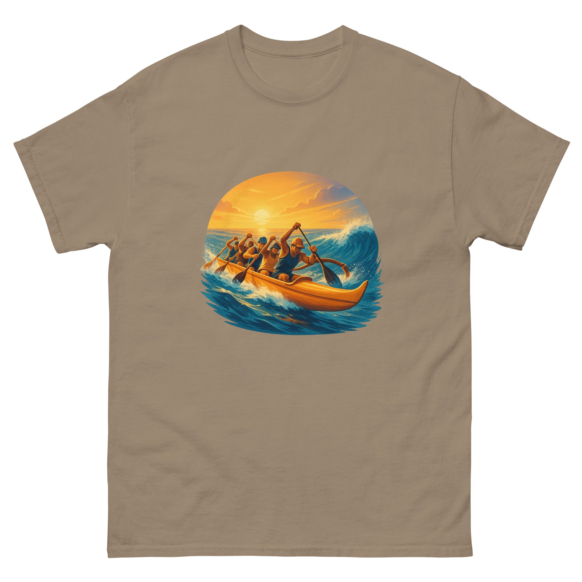 Outrigger Canoe Paddlers Hawaiian t-shirt design on a Brown Savana unisex tee